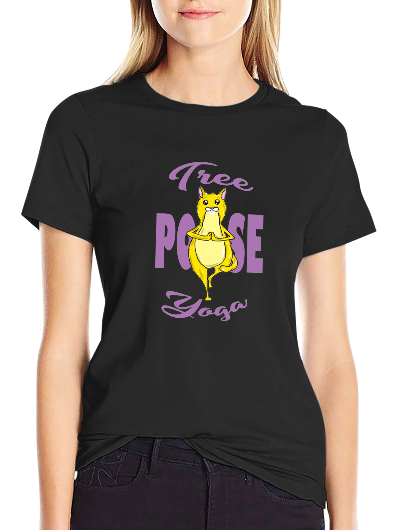 Black Tree Pose Yoga Cat Graphic Tee - Black Cotton T-Shirt view 2
