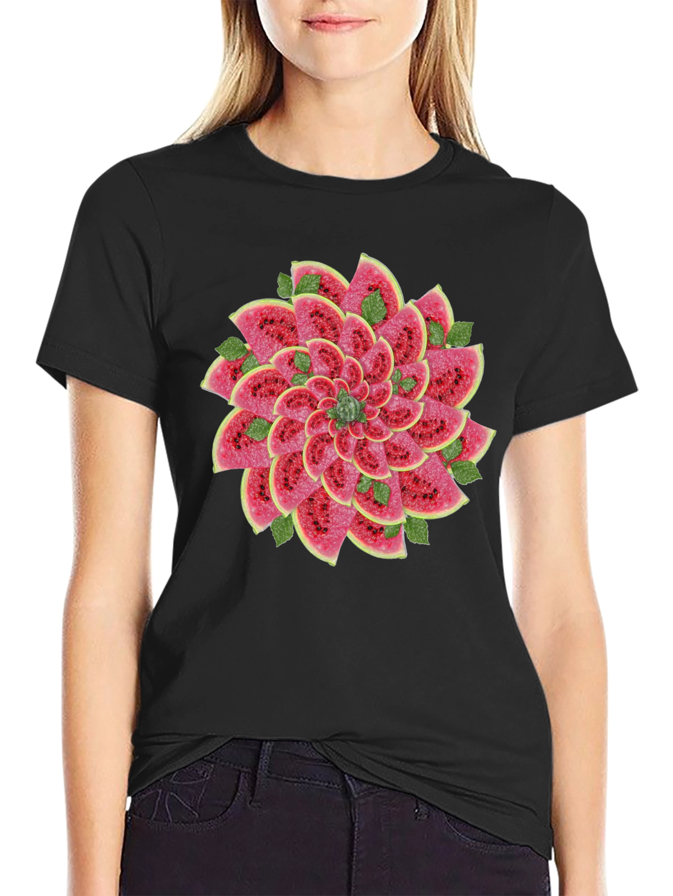 Black Watermelon Slice Flower Graphic Black T-Shirt view 2