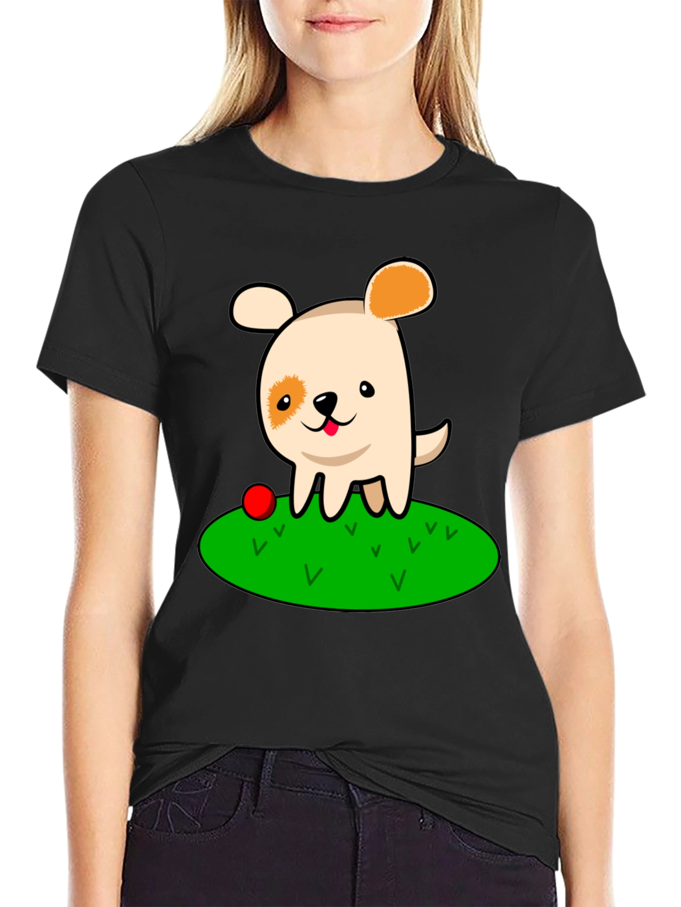 Black Cute Dog Cartoon Black T-Shirt view 2