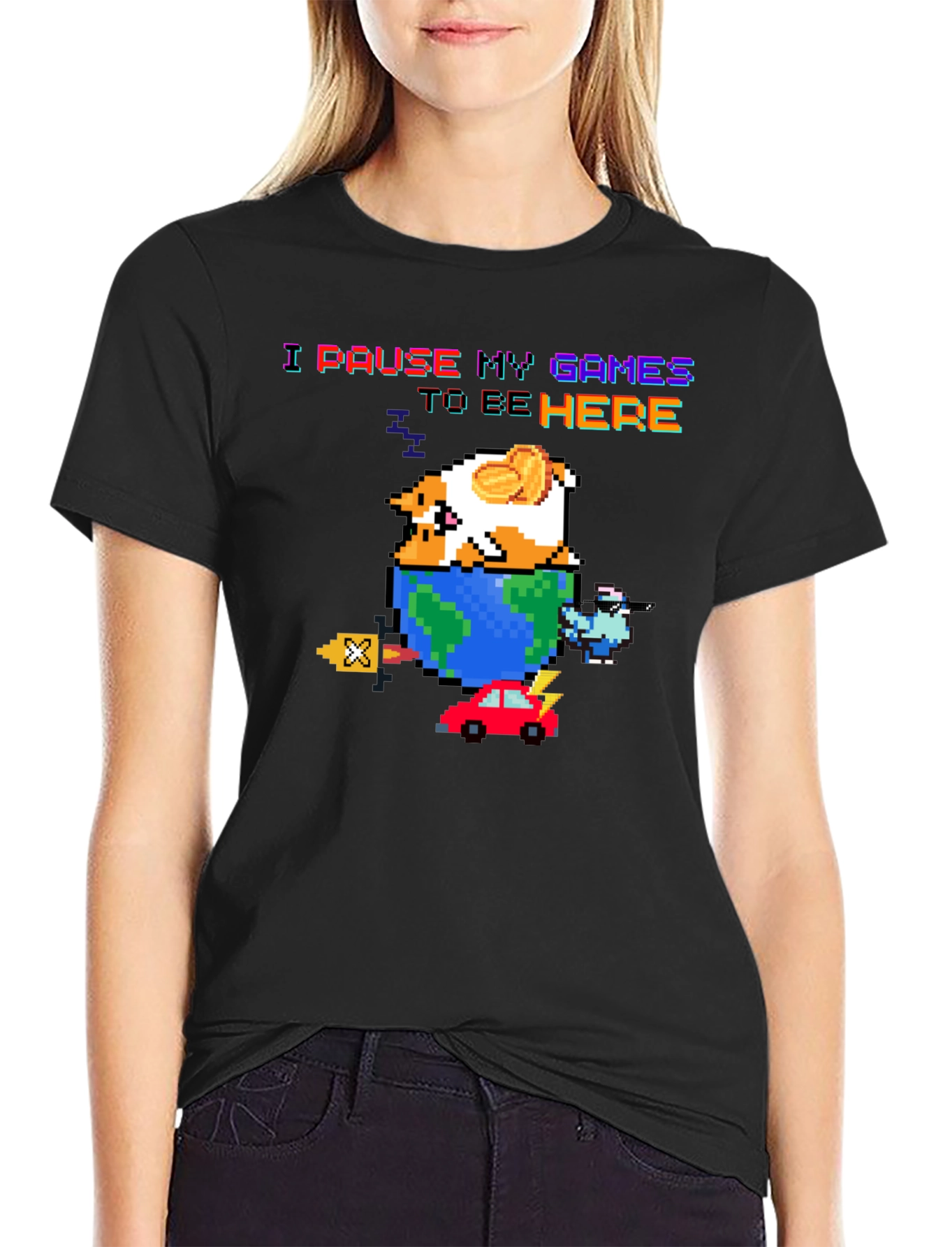 Black Pixel Art Gamer T-Shirt - I Pause My Games view 2