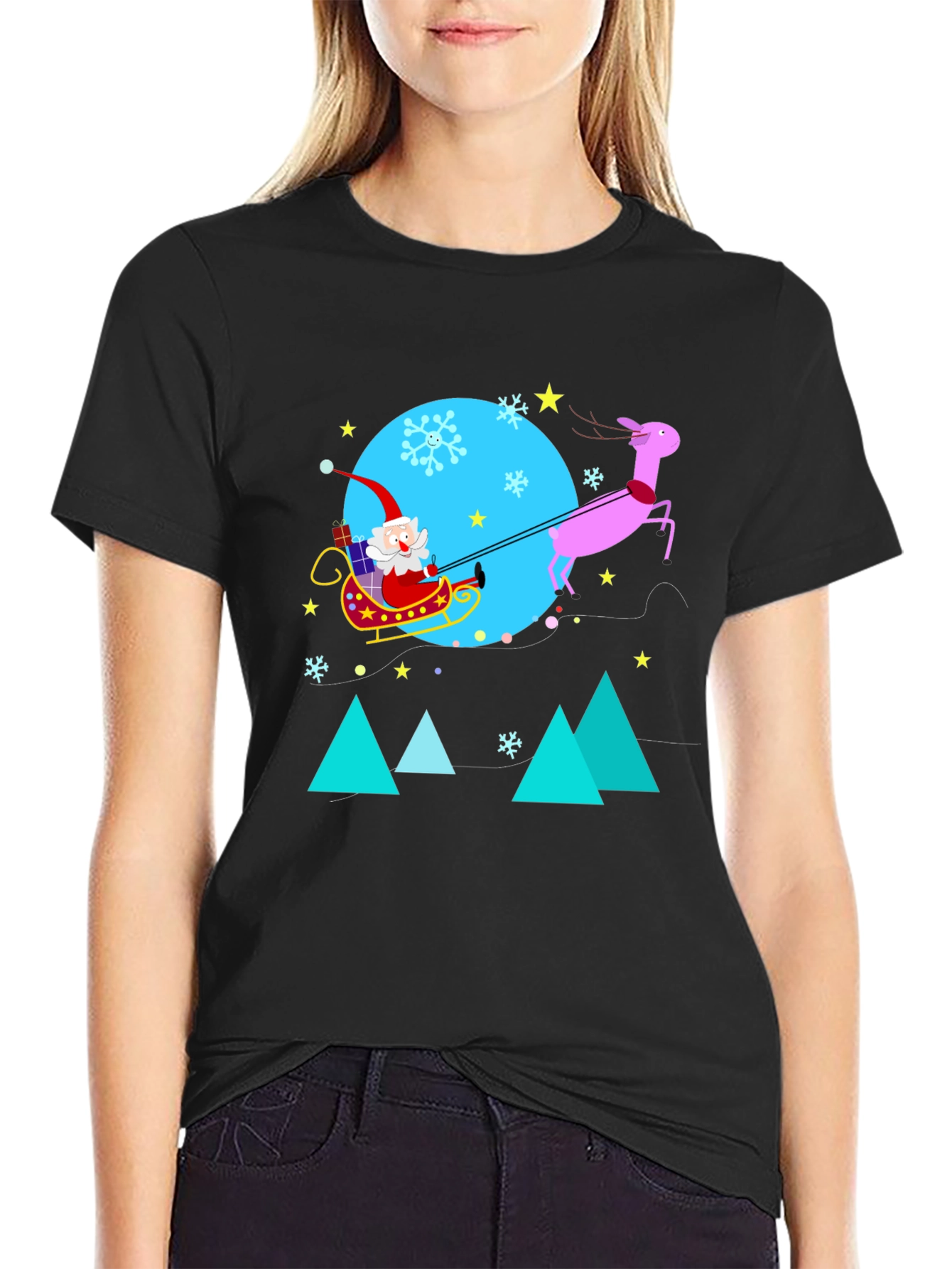 Black Festive Holiday T-Shirt - Santa & Reindeer view 2