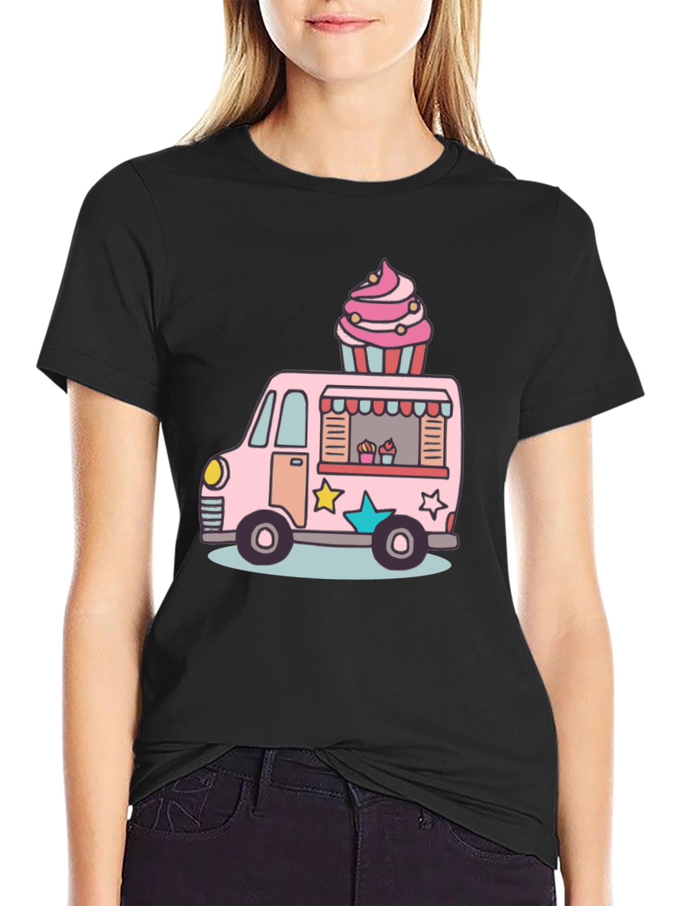 Black Cupcake Truck Graphic T-Shirt - Novelty Foodie Tee view 2