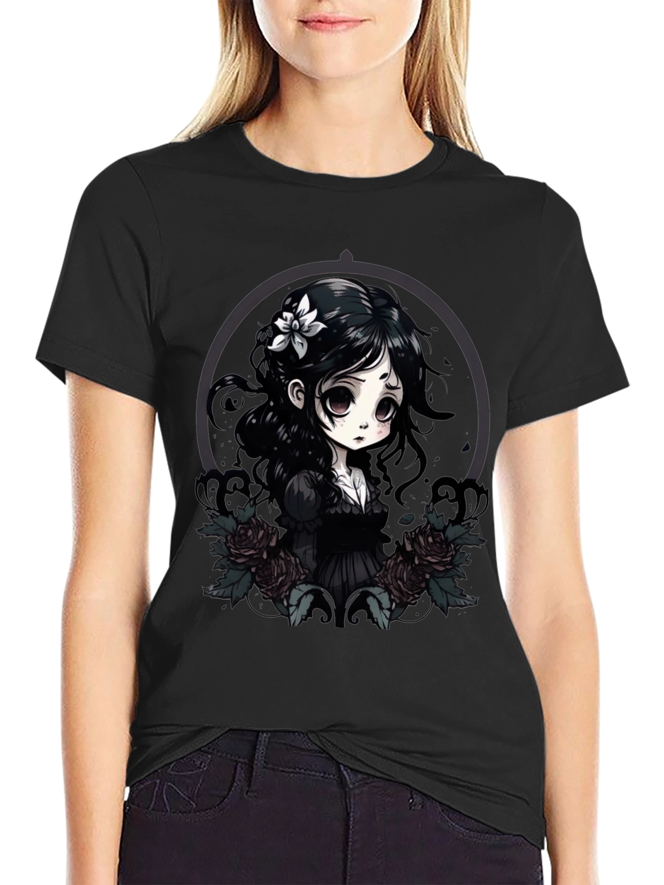Black Gothic Anime Girl T-Shirt view 2