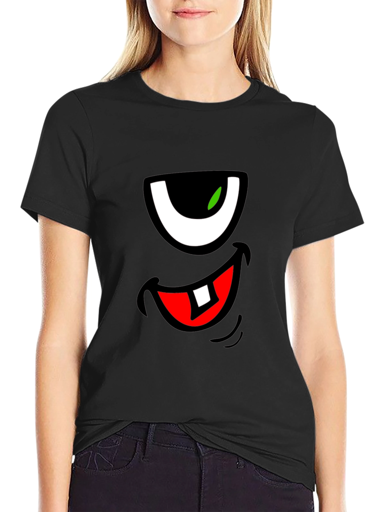 Black Funny Monster Face Graphic T-Shirt view 2