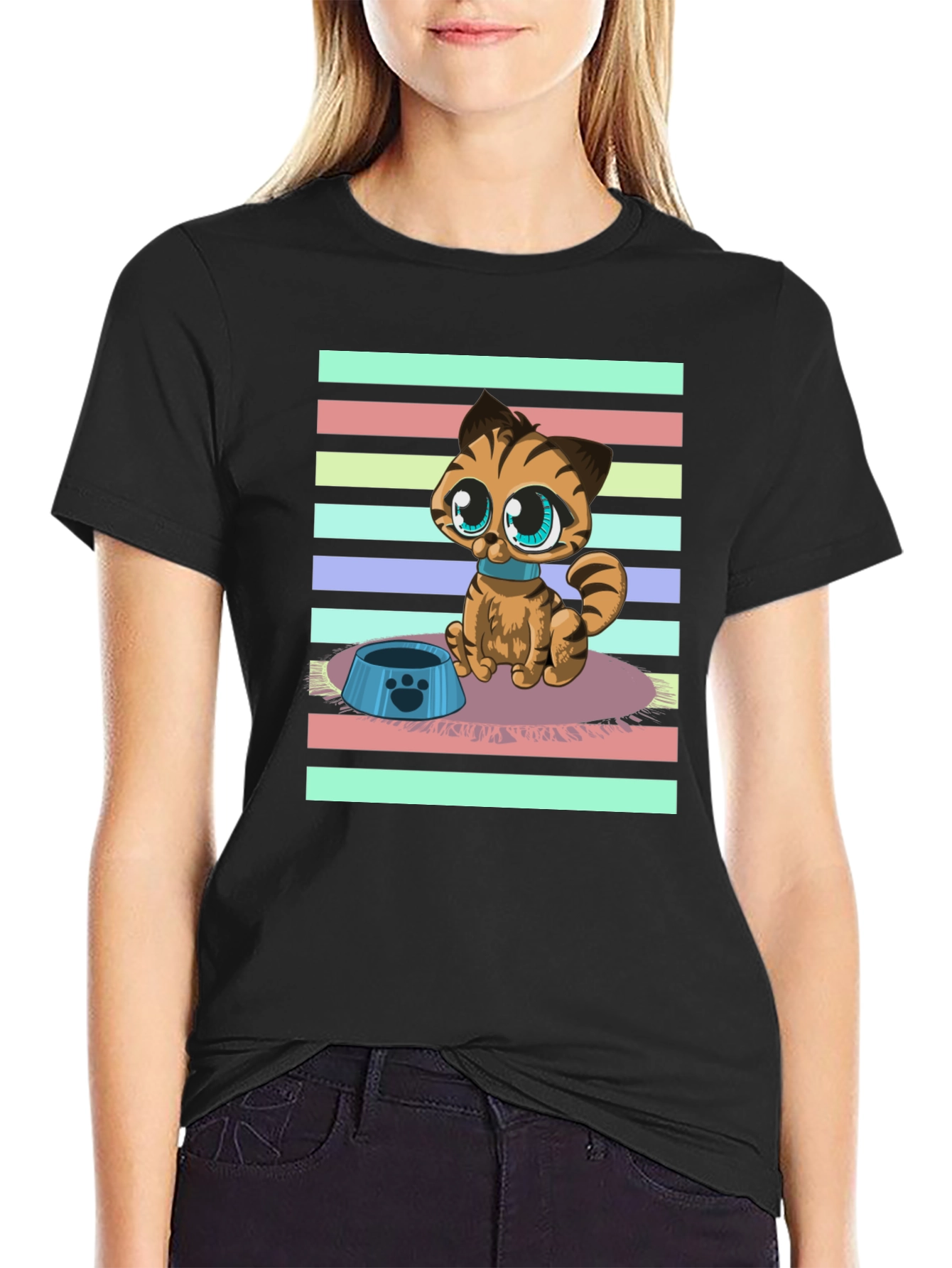 Black Cute Cartoon Cat Graphic T-Shirt view 2