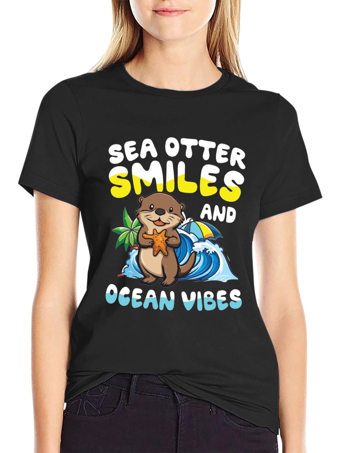 Black Sea Otter Smiles Ocean Vibes T-Shirt view 2
