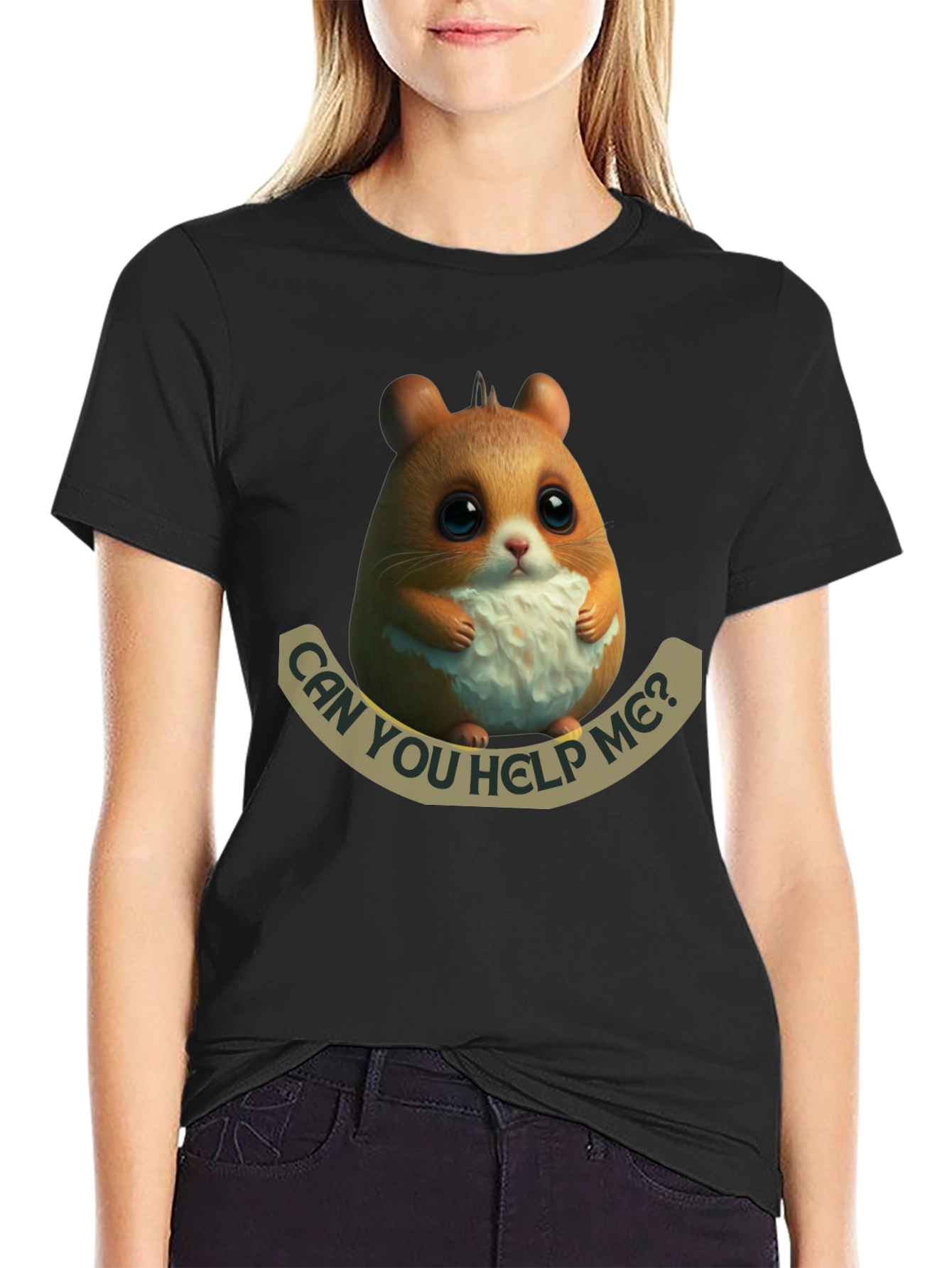 Black Cute Hamster 'Can You Help Me?' Graphic T-Shirt view 2