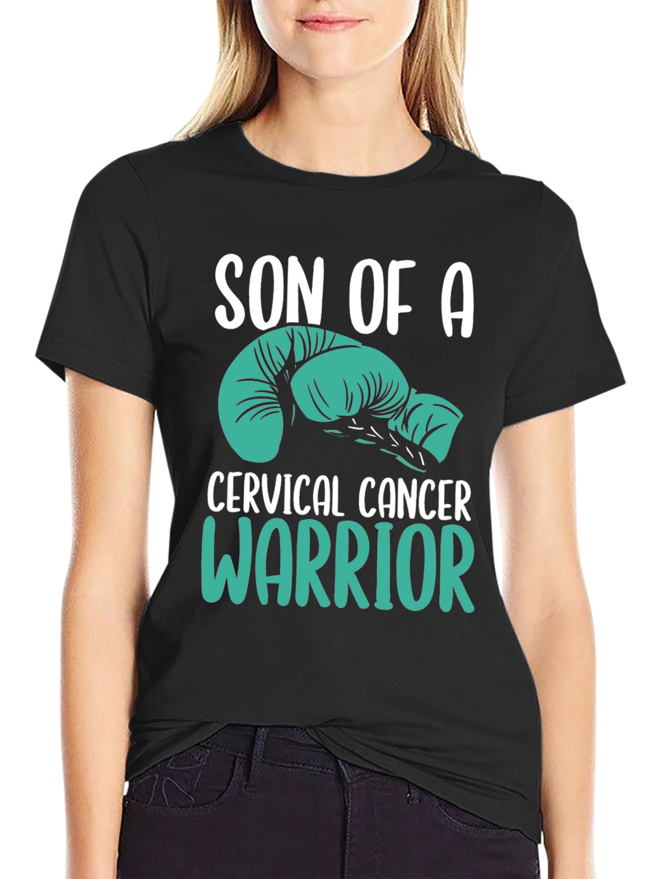 Black Cervical Cancer Warrior T-Shirt - Teal Boxing Gloves view 2