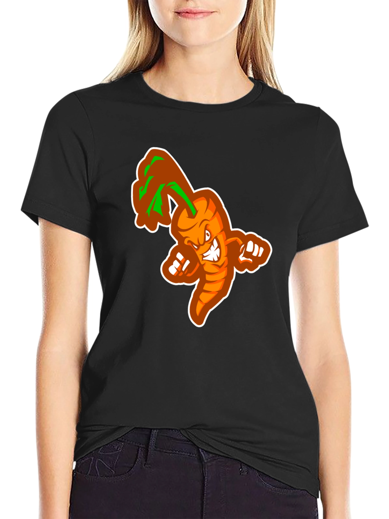 Black Men's Black T-shirt with Cartoon Carrot Design view 2
