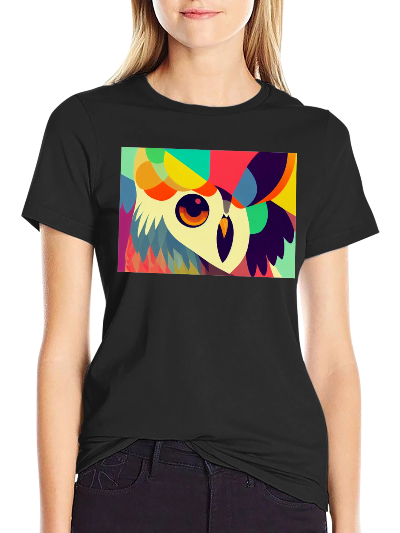 Black Abstract Owl Graphic Tee - Unique Colorful Design view 2