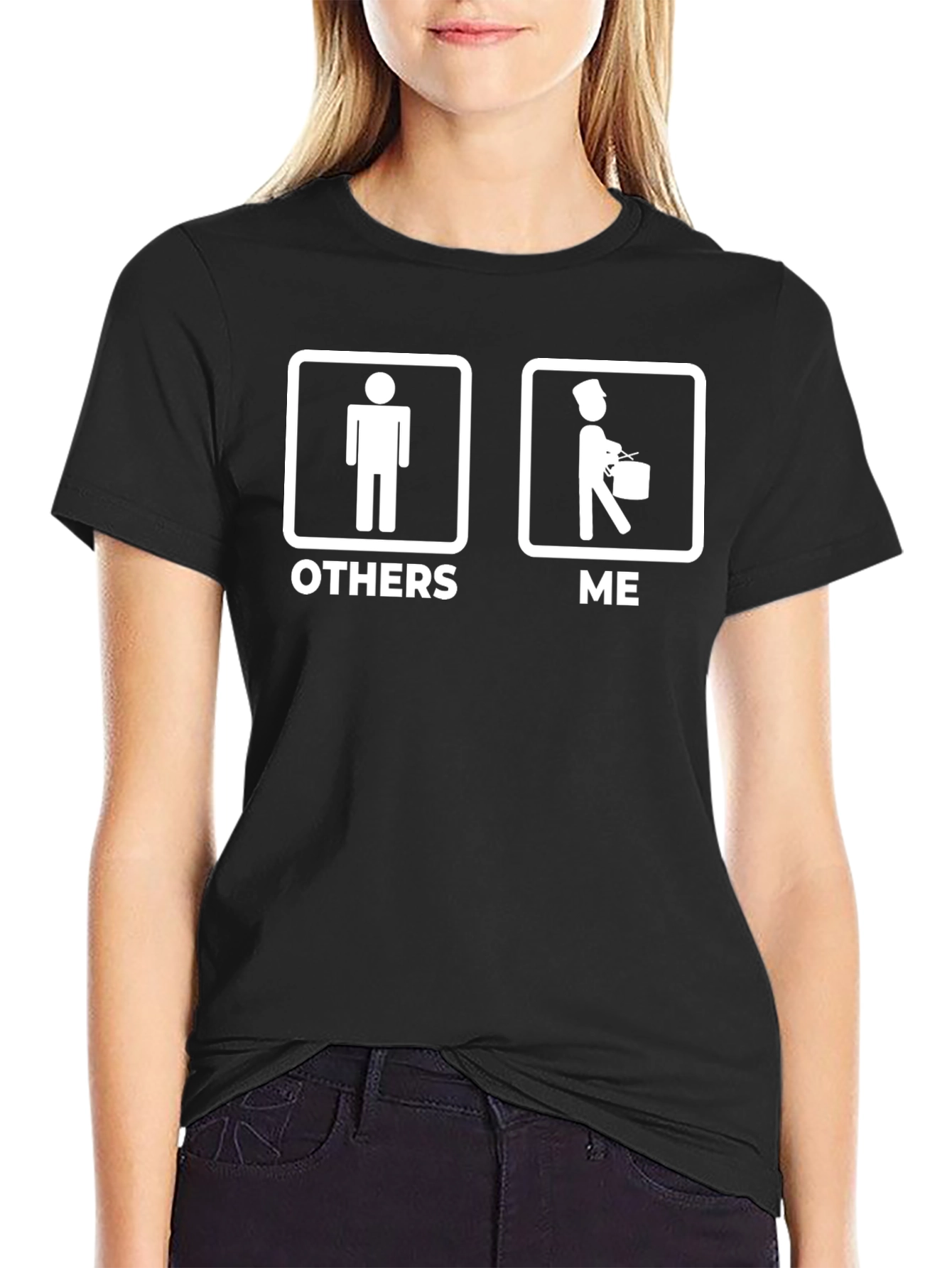 Black Humorous Drummer T-Shirt - "Others" vs "Me" Design view 2
