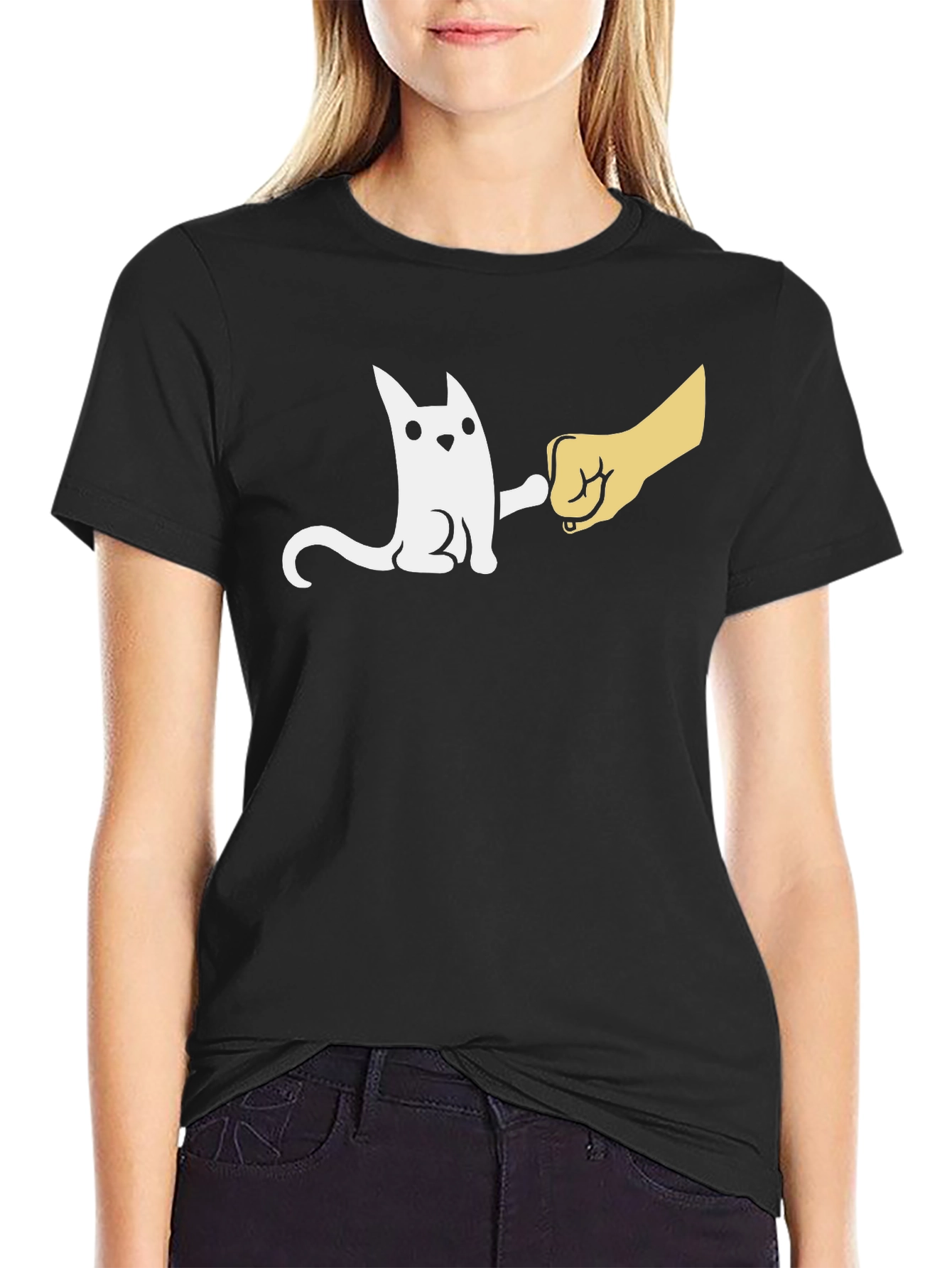 Black Cute Cat Fist Bump Graphic Black T-Shirt view 2