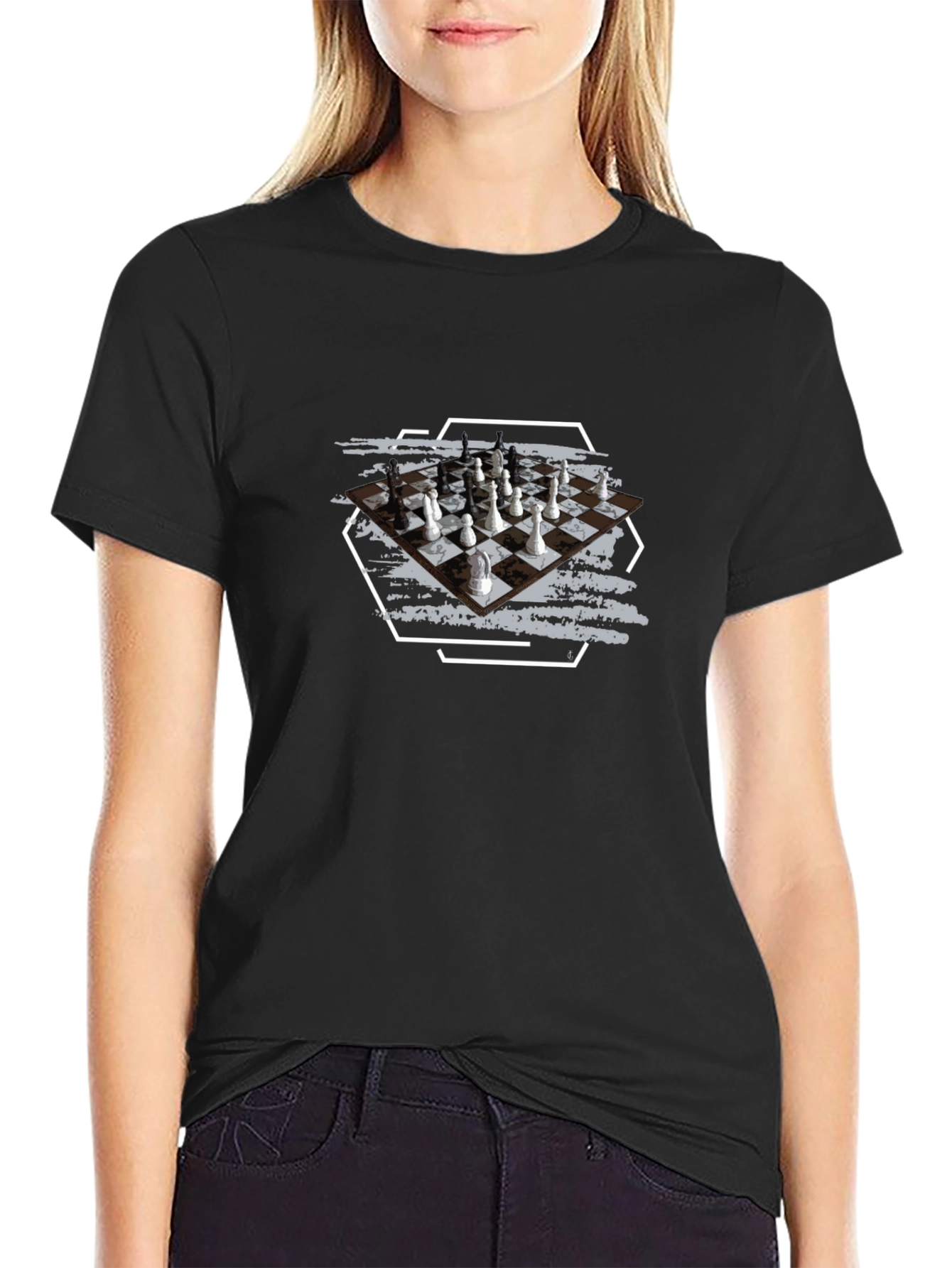 Black Chessboard Graphic Tee - Stylish Unisex Black T-Shirt view 2