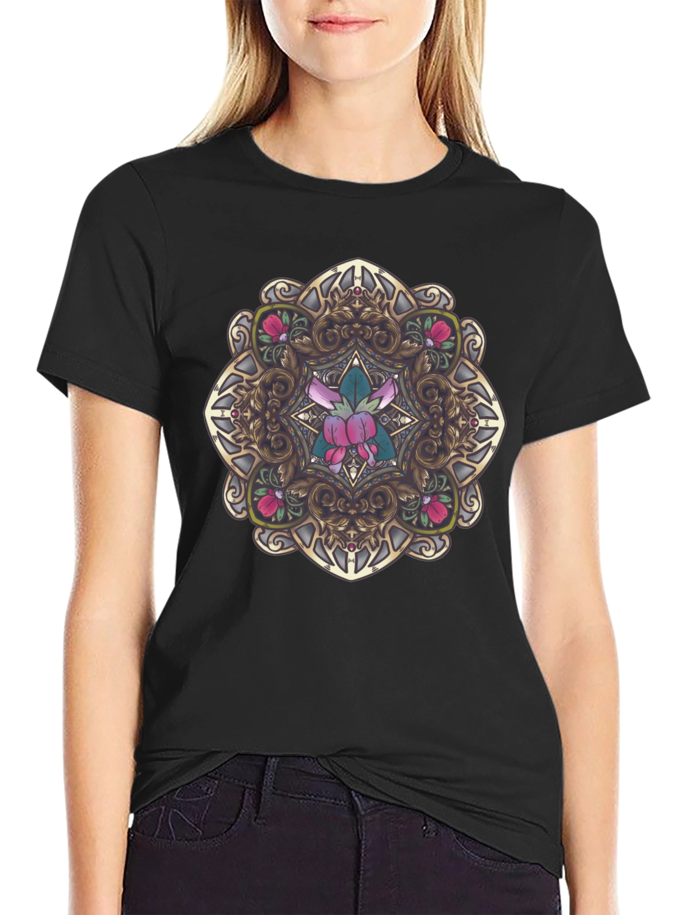 Black Ornate Floral Mandala Graphic Black T-Shirt view 2