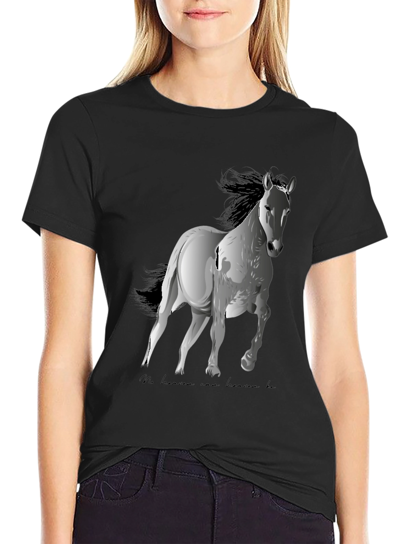 Black Horse Graphic Tee - Black Cotton Blend, Stylish Casual Wear view 2
