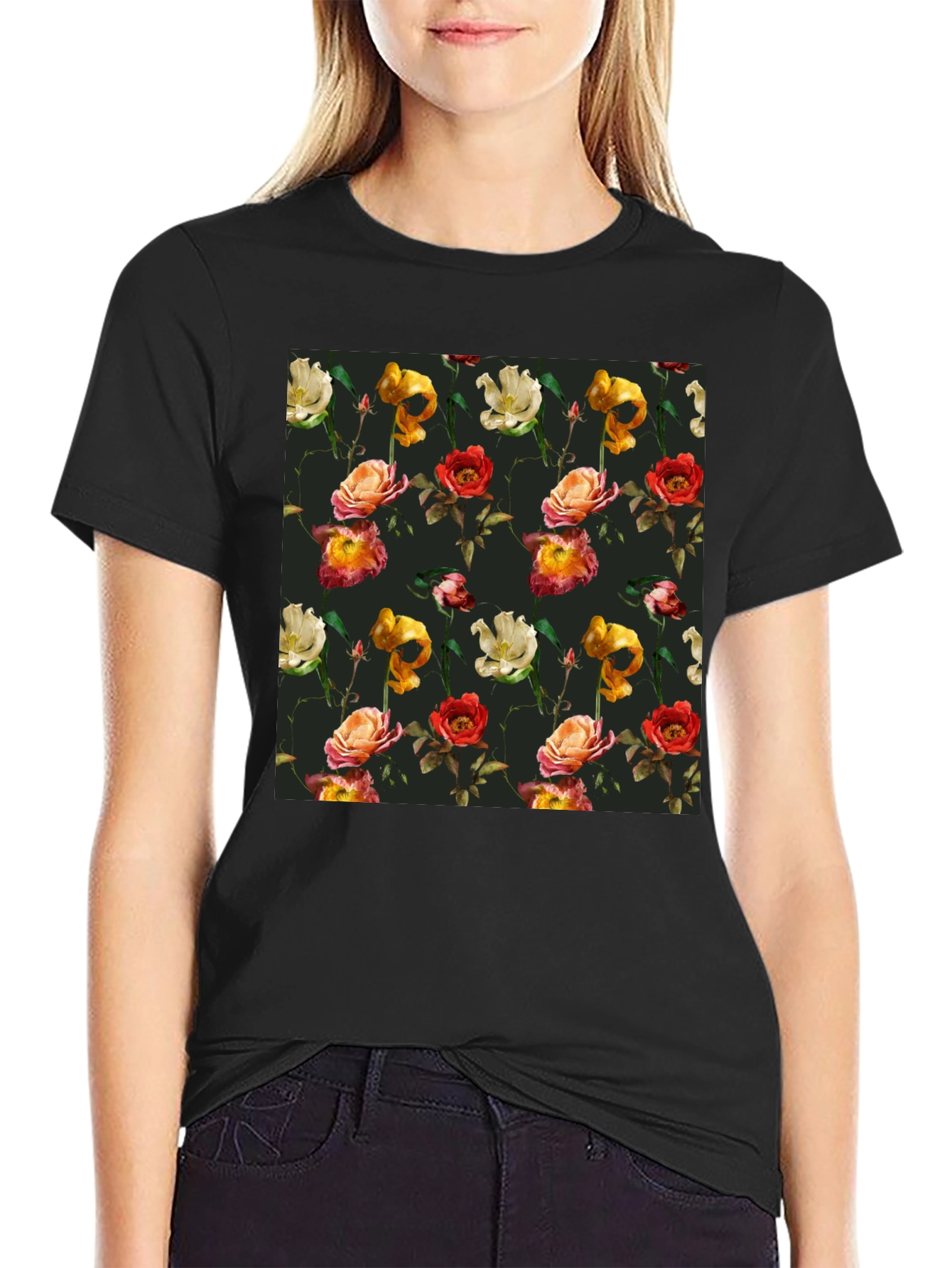 Black Floral Print Black T-Shirt view 2