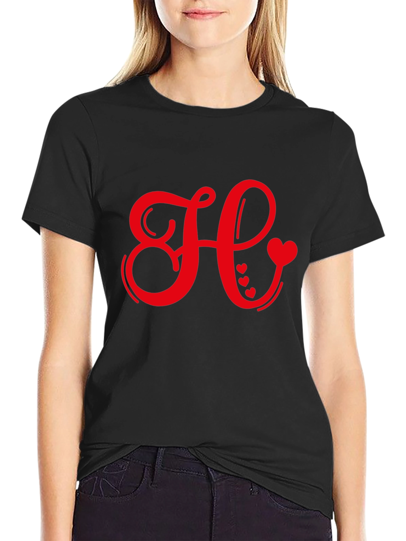 Black Red Heart Initial Letter Black T-Shirt view 2