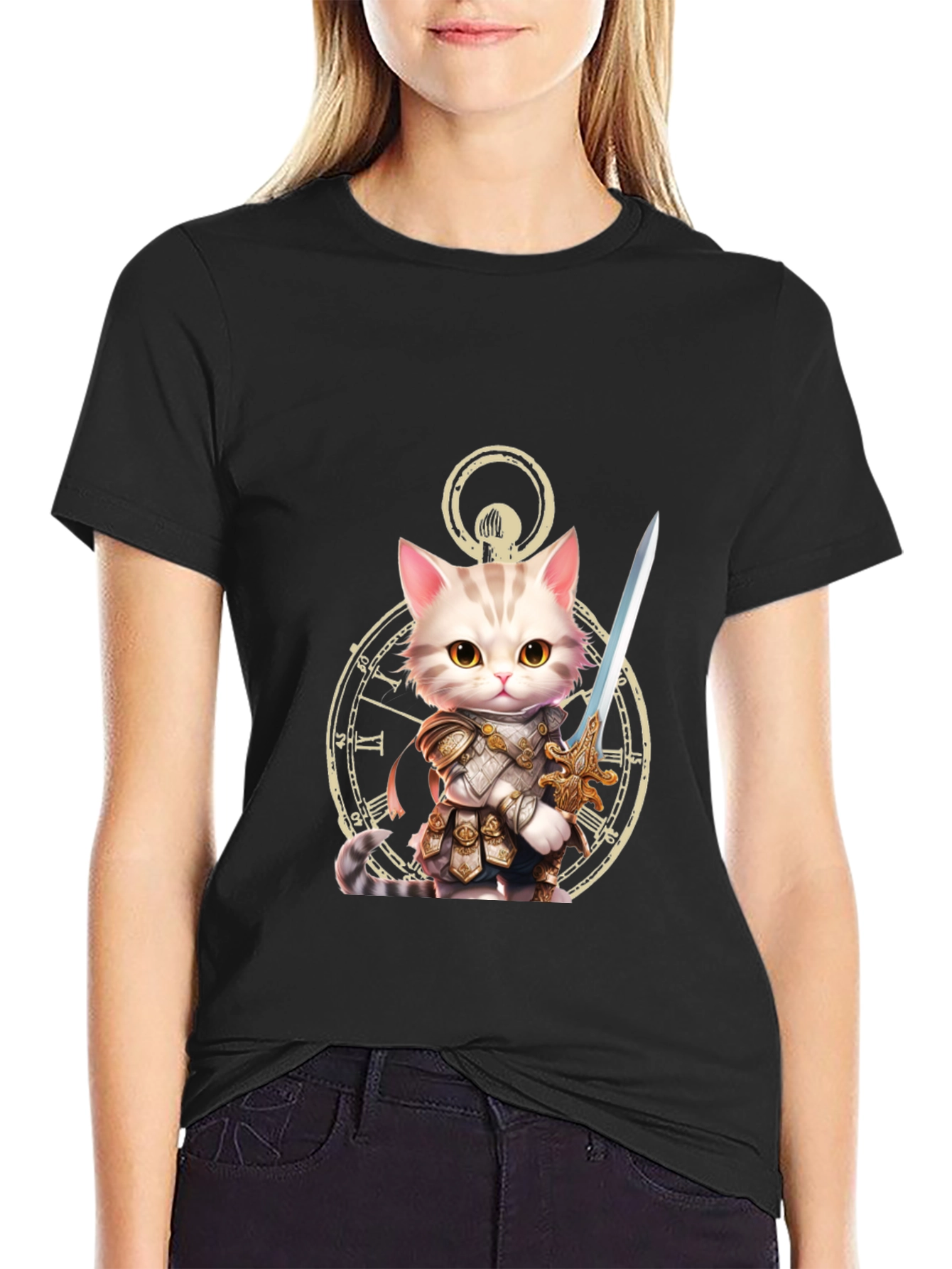 Black Cat Knight T-Shirt - Whimsical Warrior Design view 2