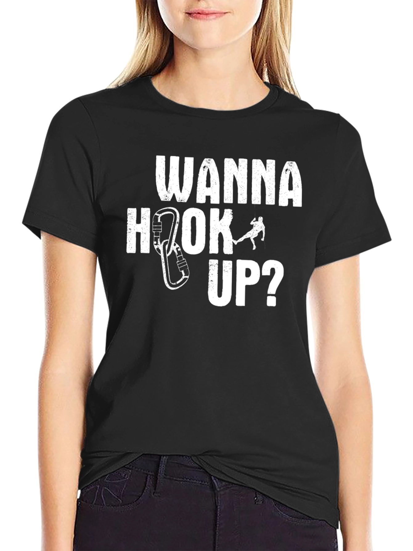 Black Wanna Hook Up Climbing T-Shirt - Funny Climber Tee view 2