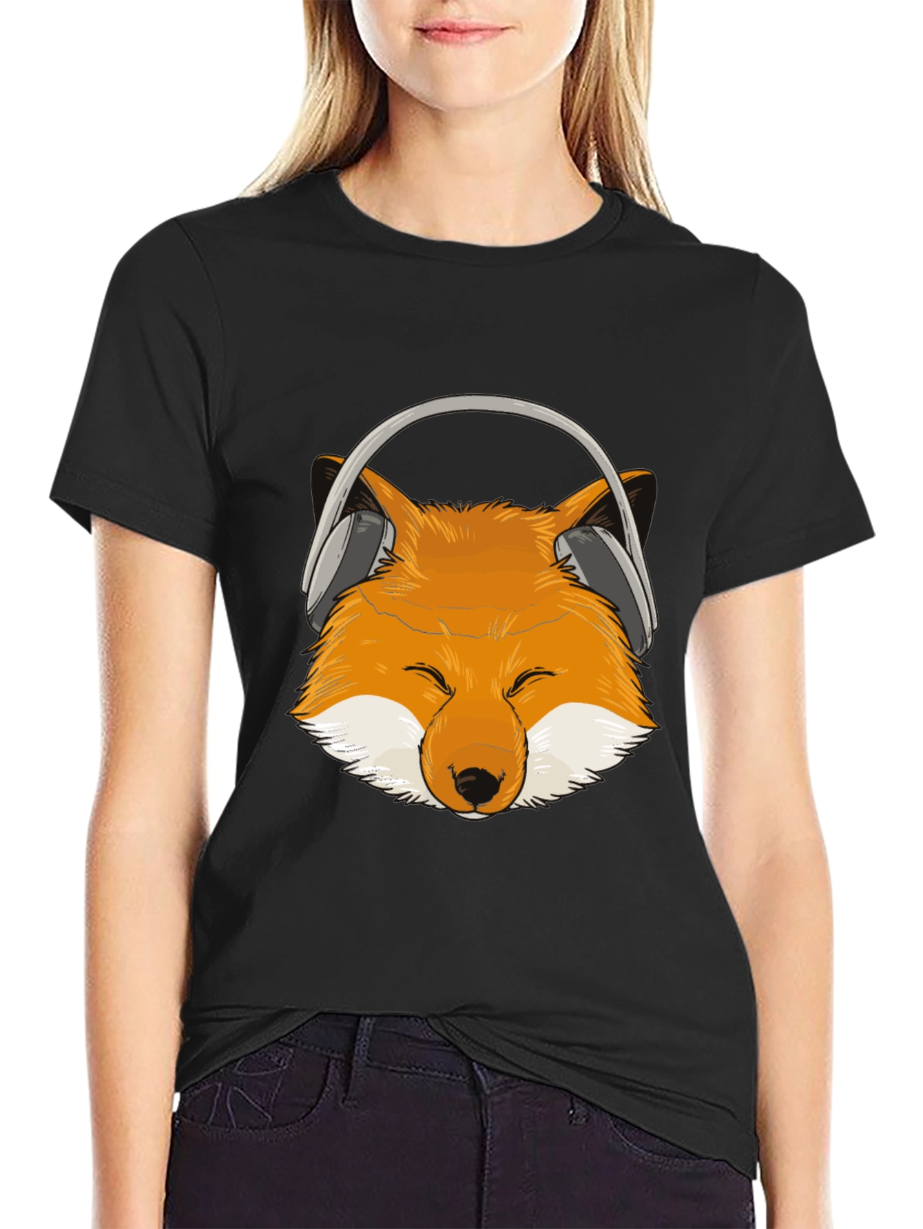 Black Fox Headphone T-Shirt - Cool Animal Design view 2