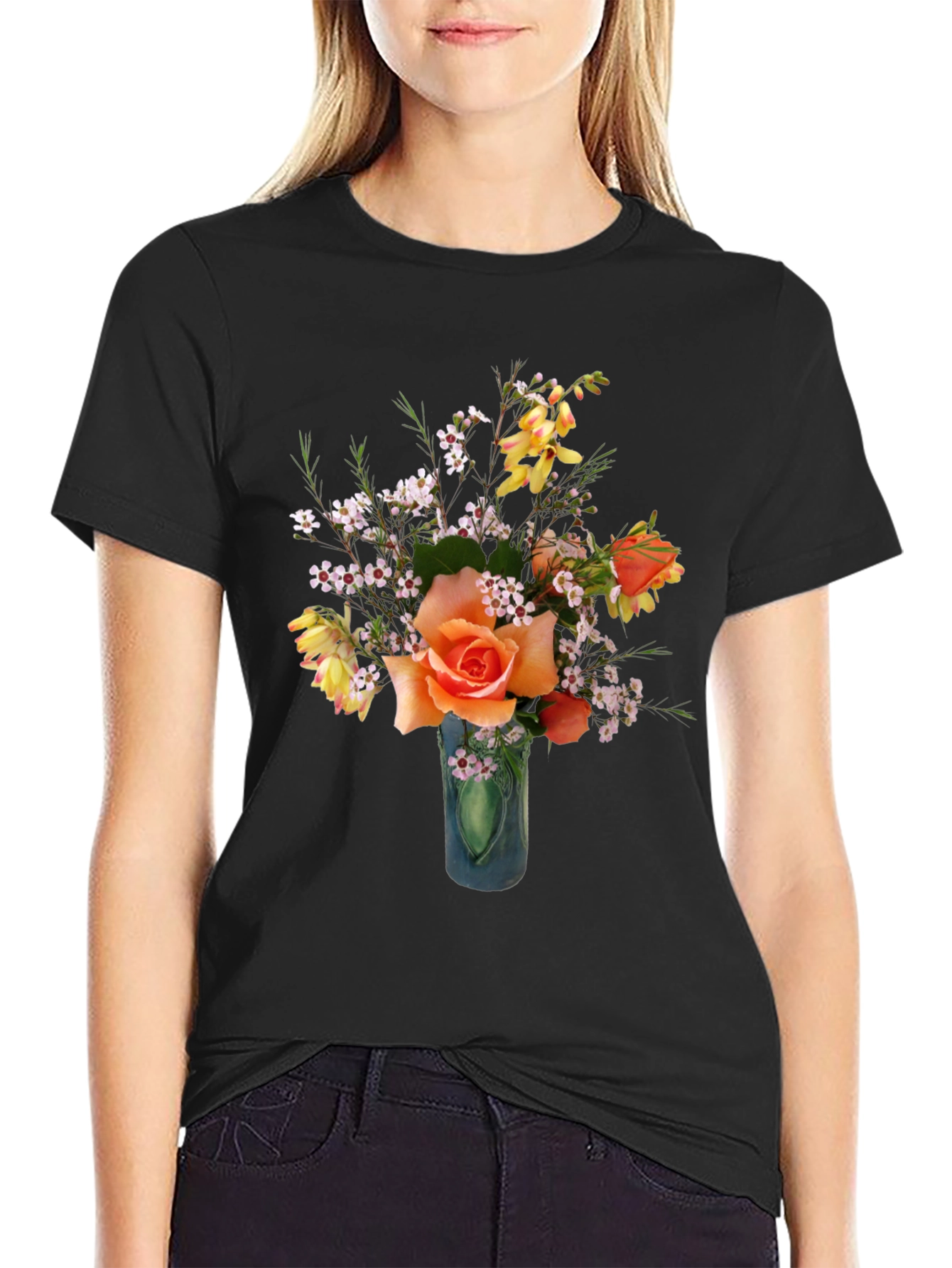 Black Floral T-Shirt - Rose Bouquet Graphic Tee view 2