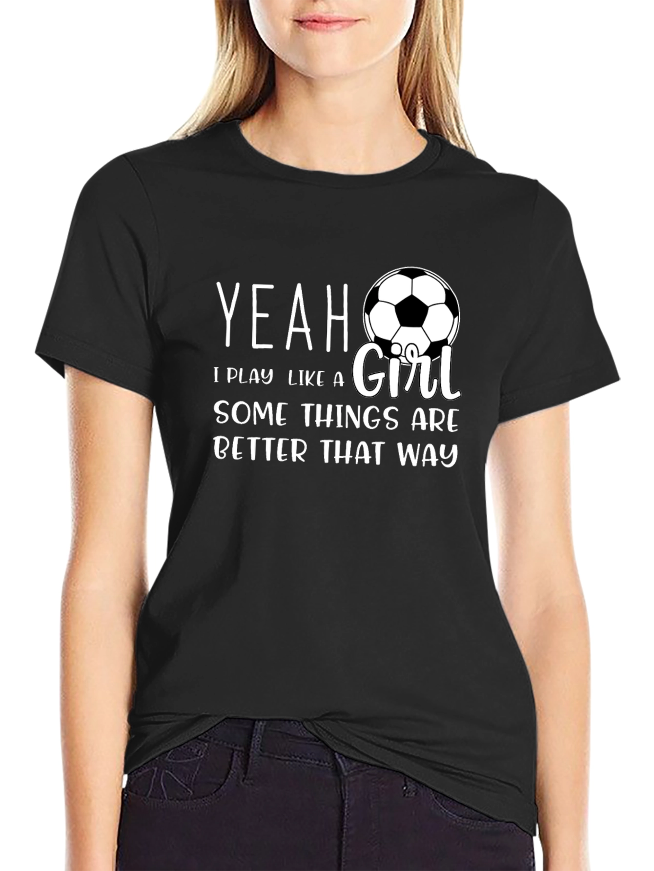 Black Yeah I Play Like A Girl Soccer T-Shirt view 2