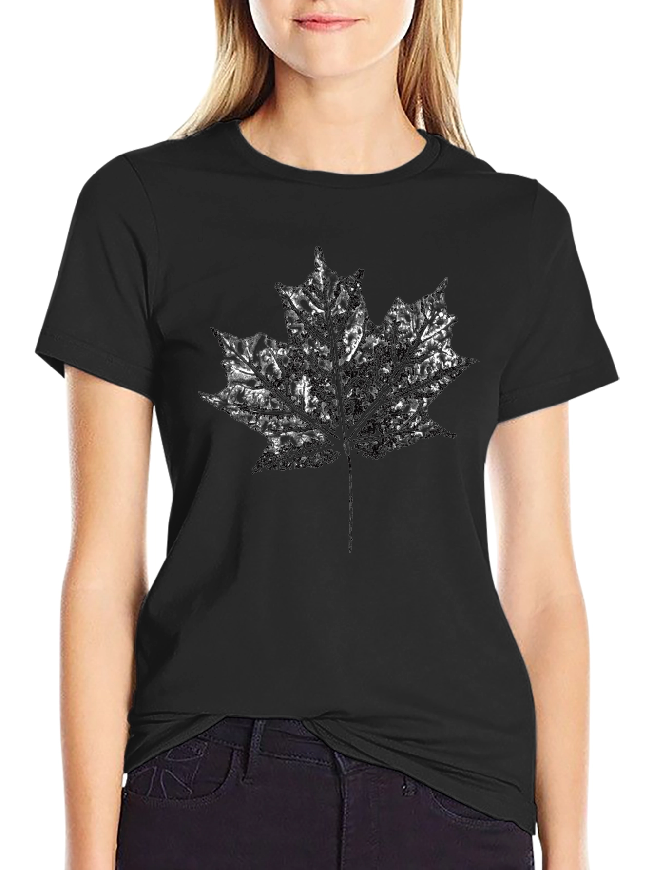 Black Maple Leaf Print Black Crew Neck T-Shirt view 2