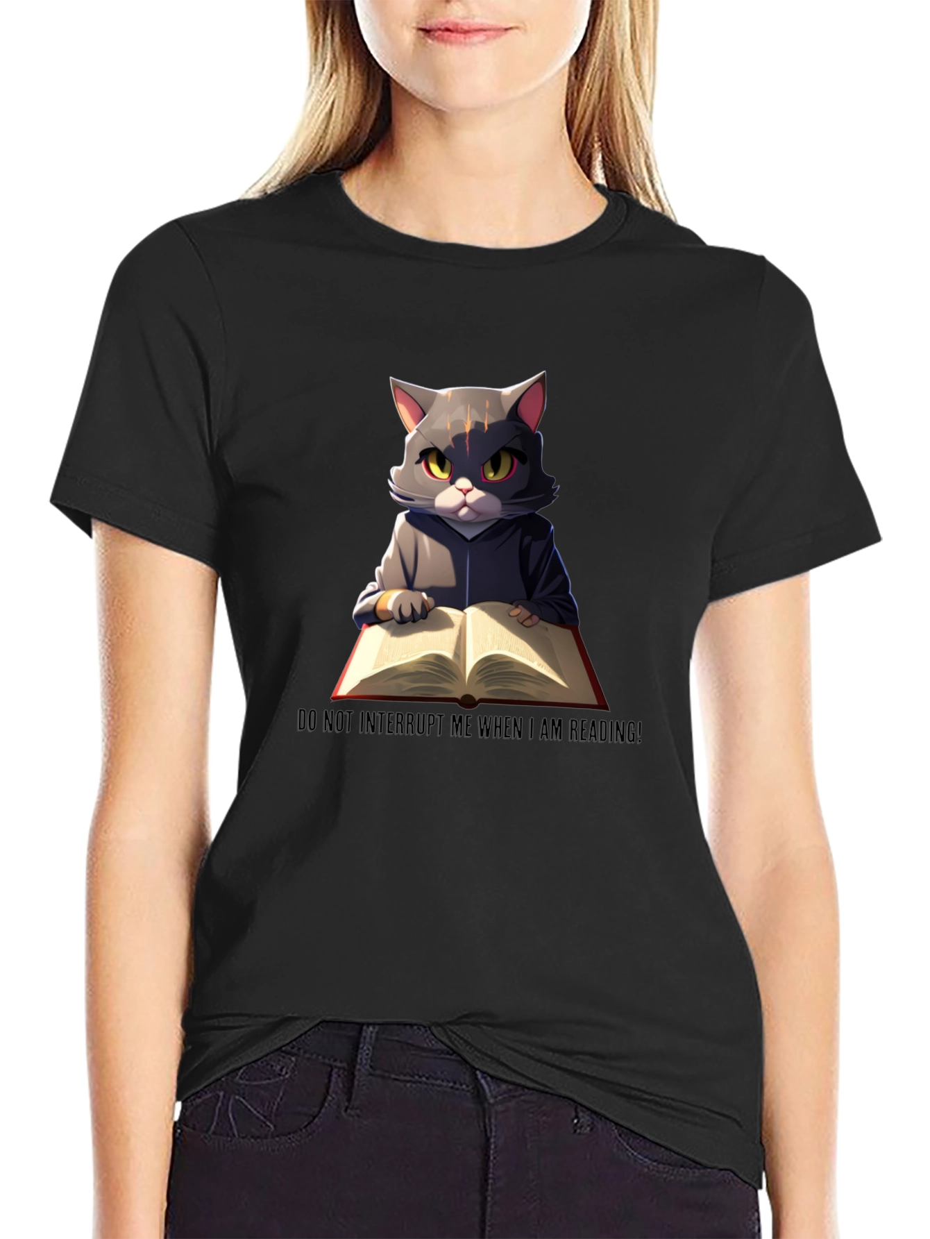 Black Reading Cat Graphic T-Shirt - Do Not Disturb view 2