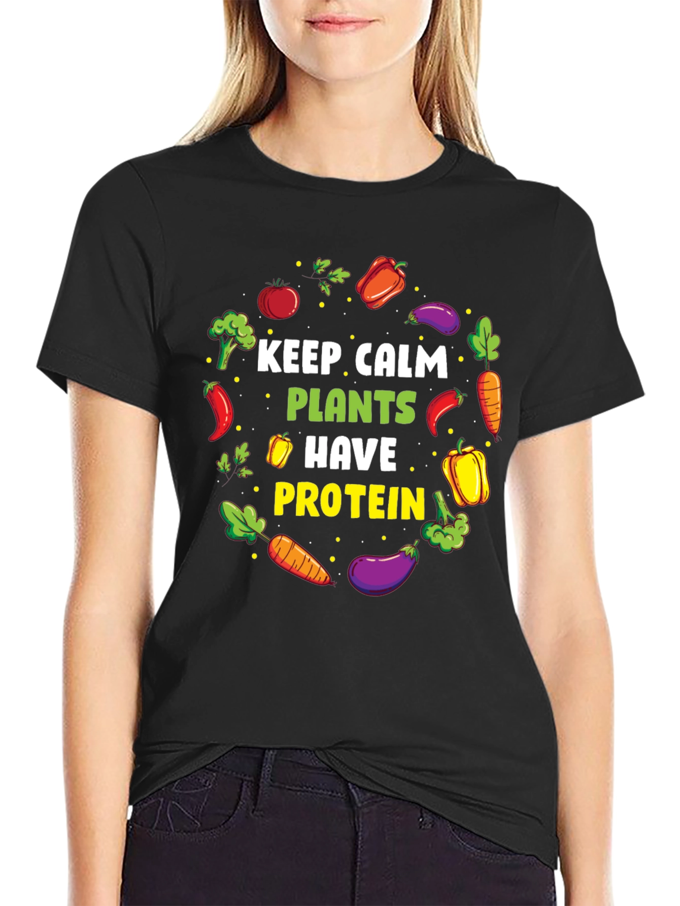 Black Vegan Protein T-Shirt - Keep Calm, Eat Plants view 2