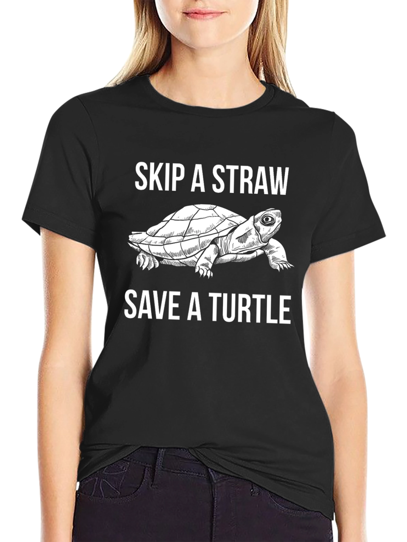Black Skip a Straw Save a Turtle Graphic Tee view 2