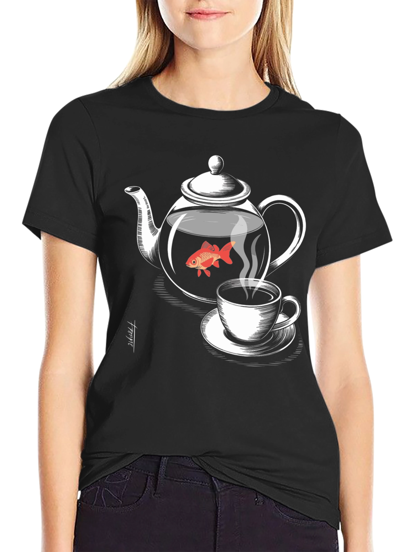 Black Teapot Goldfish Graphic T-Shirt - Unique Design view 2