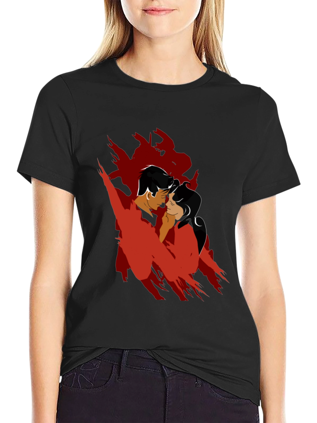 Black Romantic Silhouette Graphic Tee - Black Cotton Blend view 2