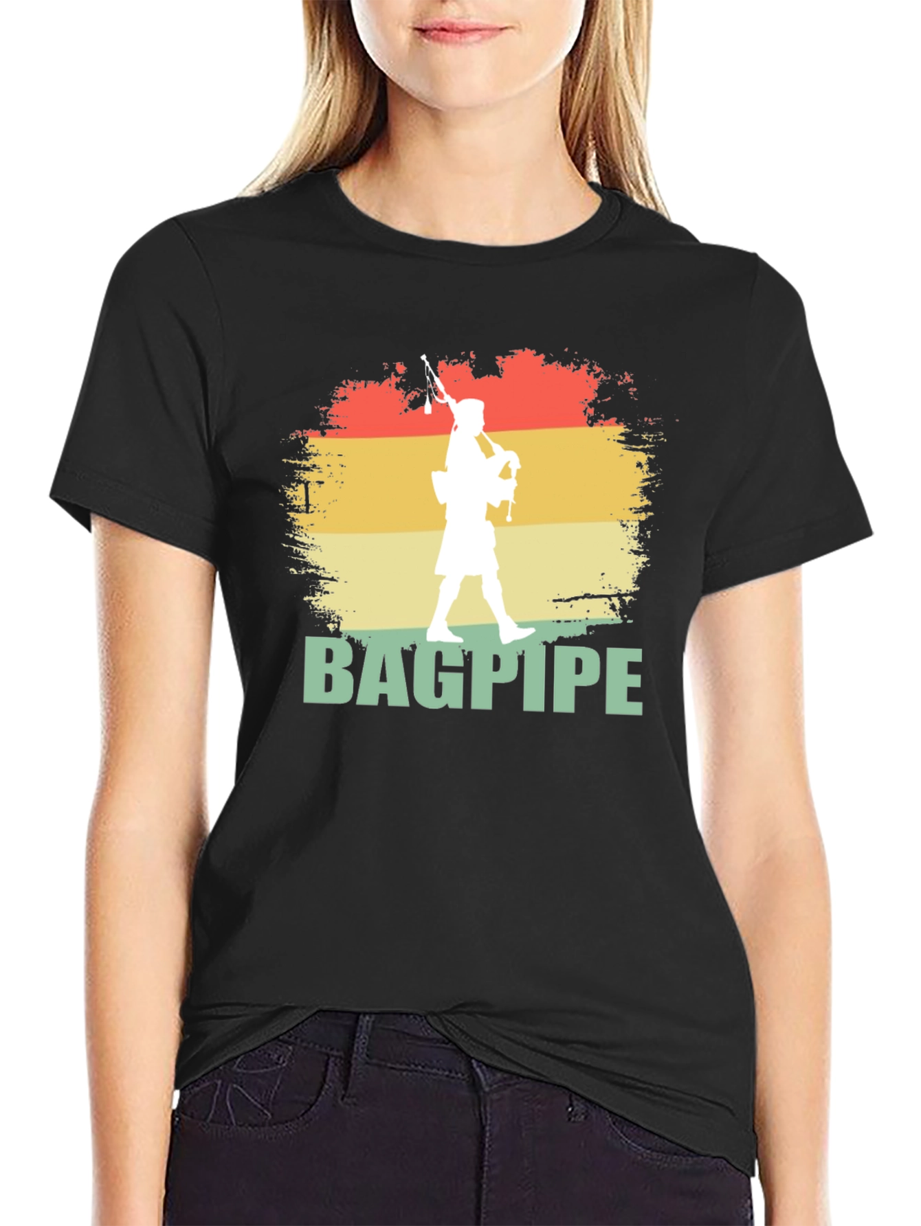 Black Bagpipe Player Graphic T-Shirt | Retro Style Design view 2