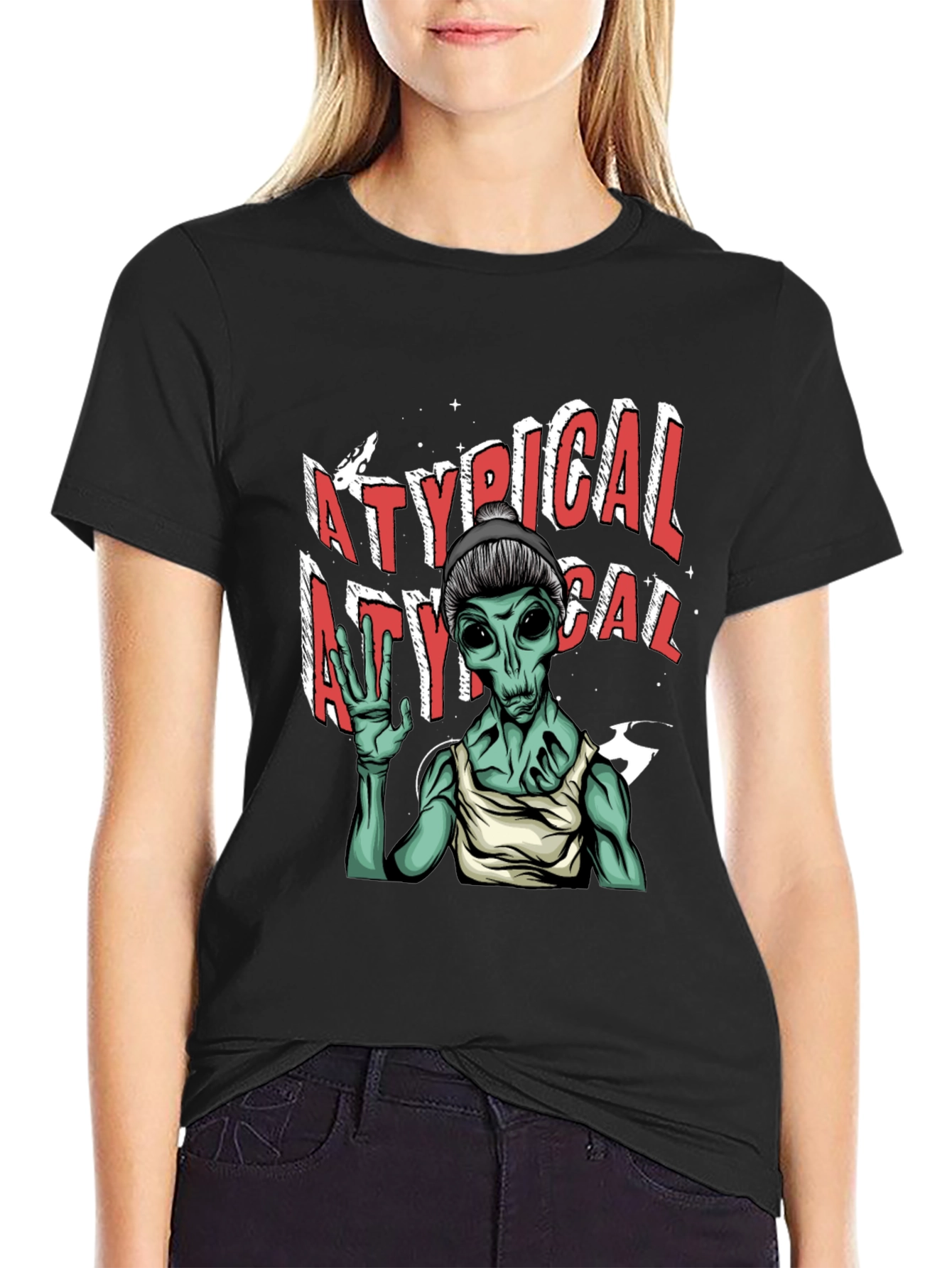 Black Atypical Alien Graphic Tee - Black Cotton T-Shirt view 2
