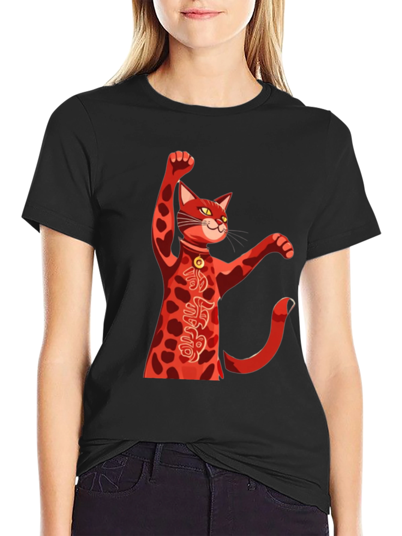 Black Lucky Cat T-Shirt - Red Maneki Neko Graphic Tee view 2