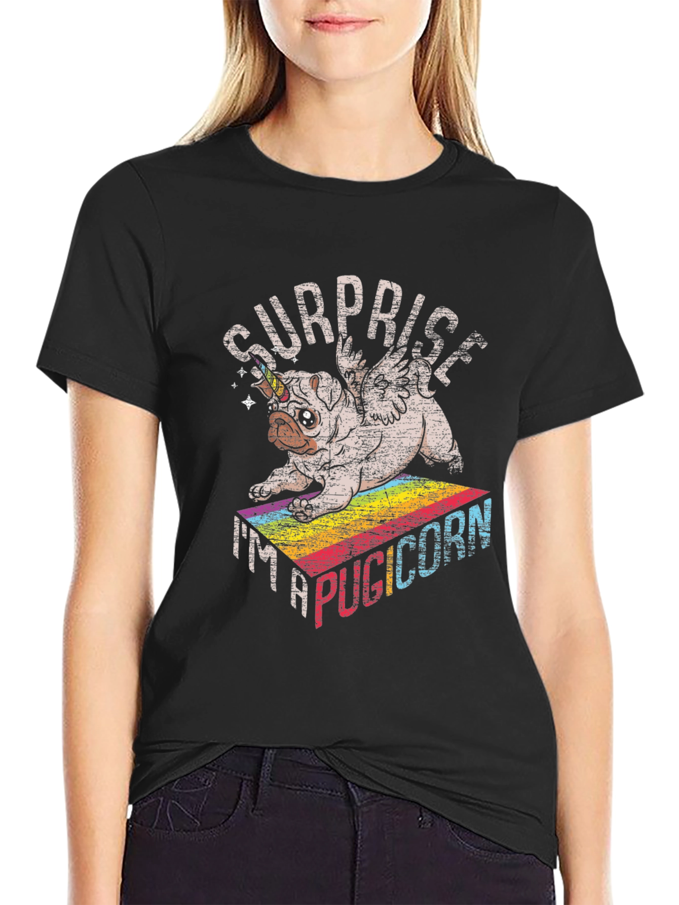 Black Surprise Pugicorn Graphic T-Shirt view 2