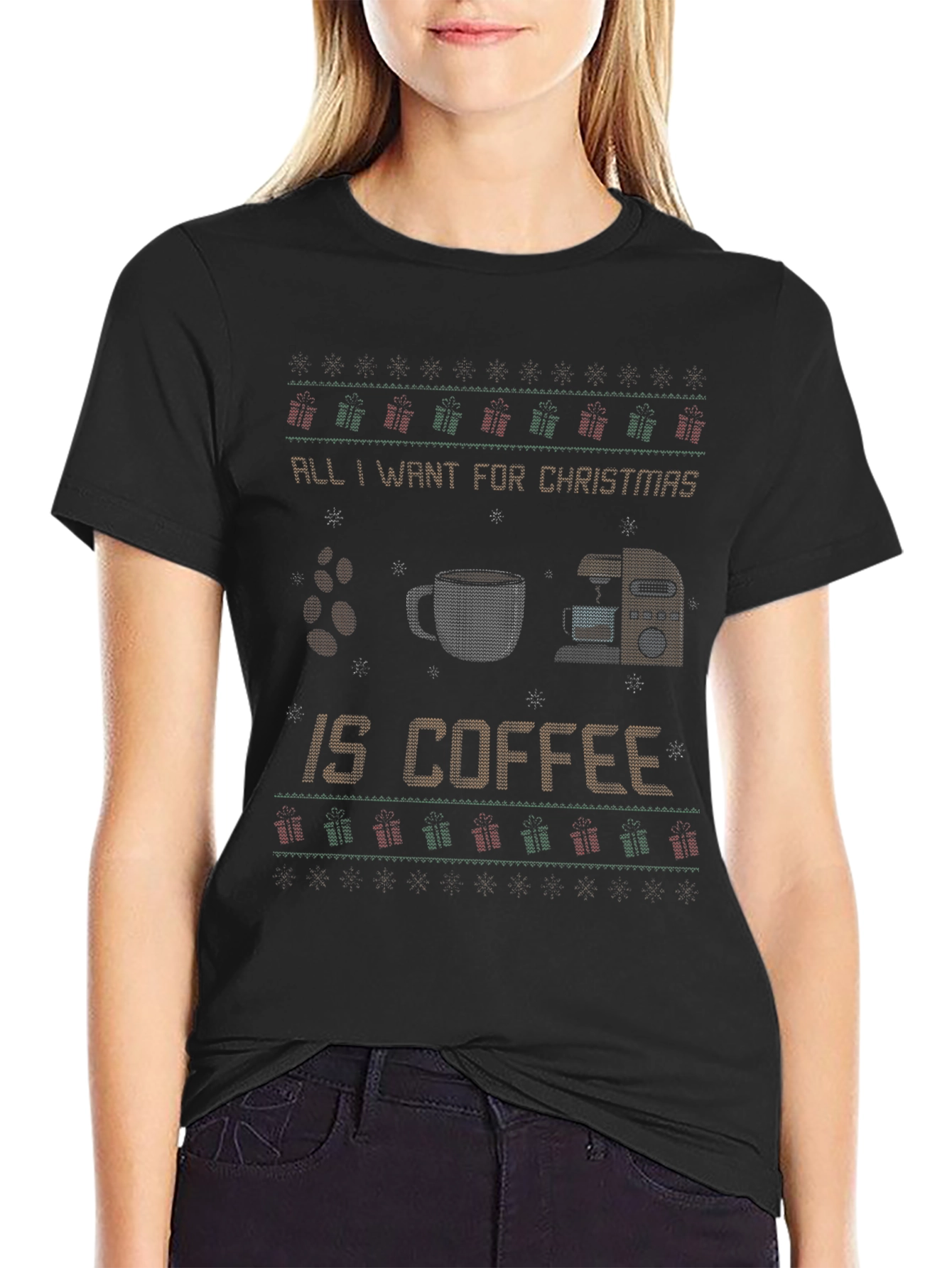 Black All I Want for Christmas is Coffee Ugly Sweater T-Shirt view 2