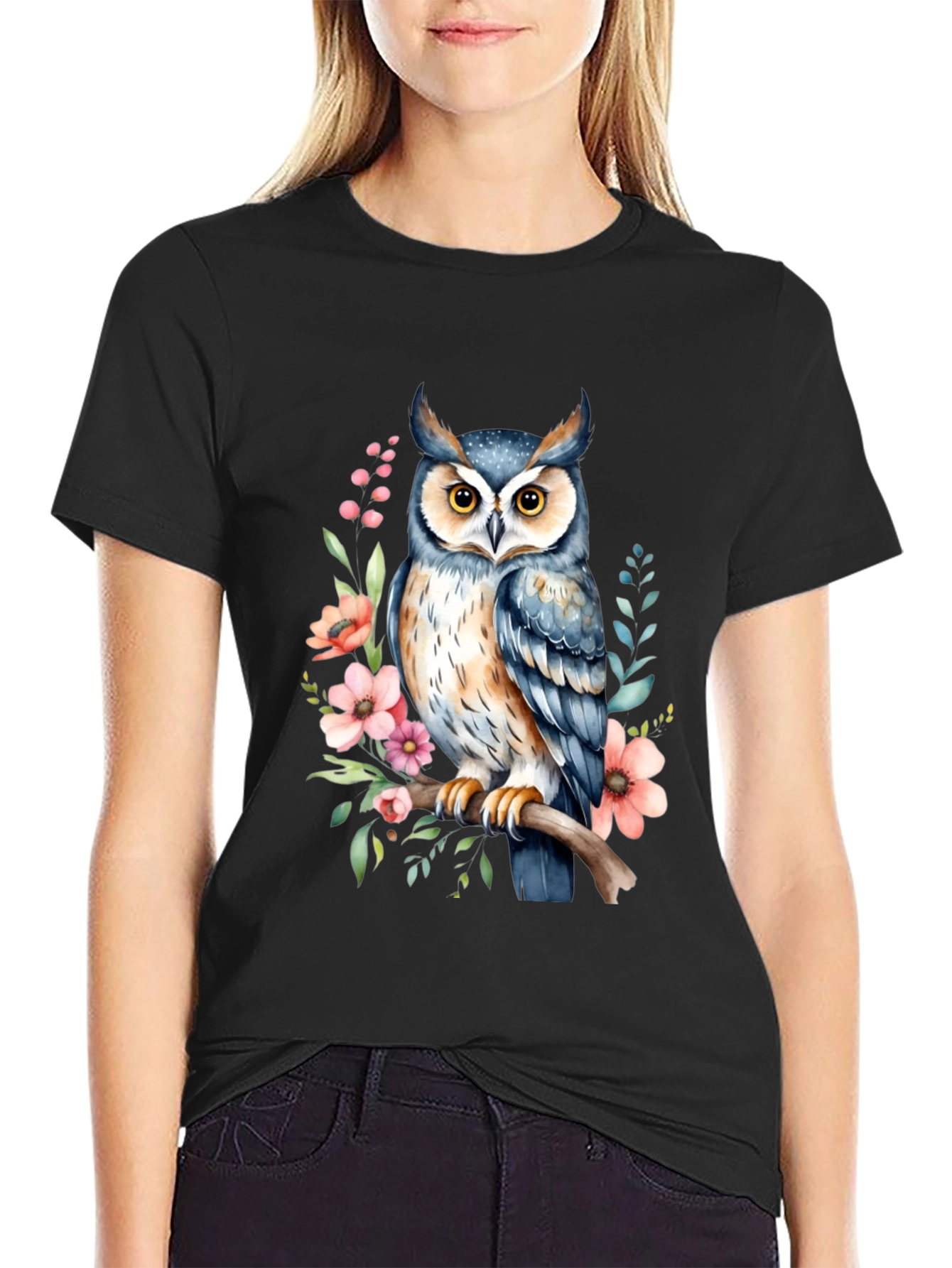 Black Owl Floral Graphic Tee - Black Cotton Casual Shirt view 2