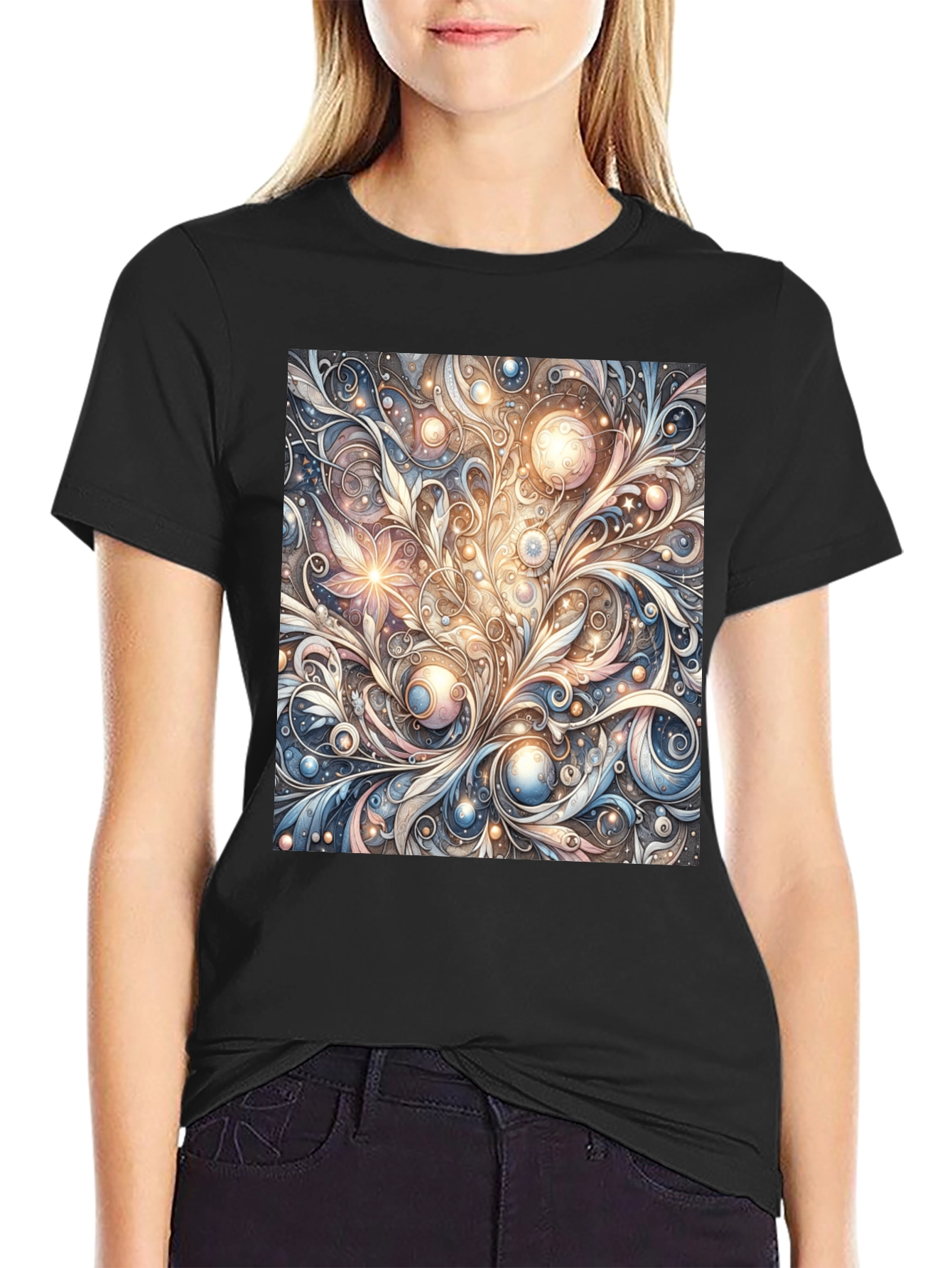 Black Art Nouveau Swirl T-Shirt: Unique Pattern Tee view 2