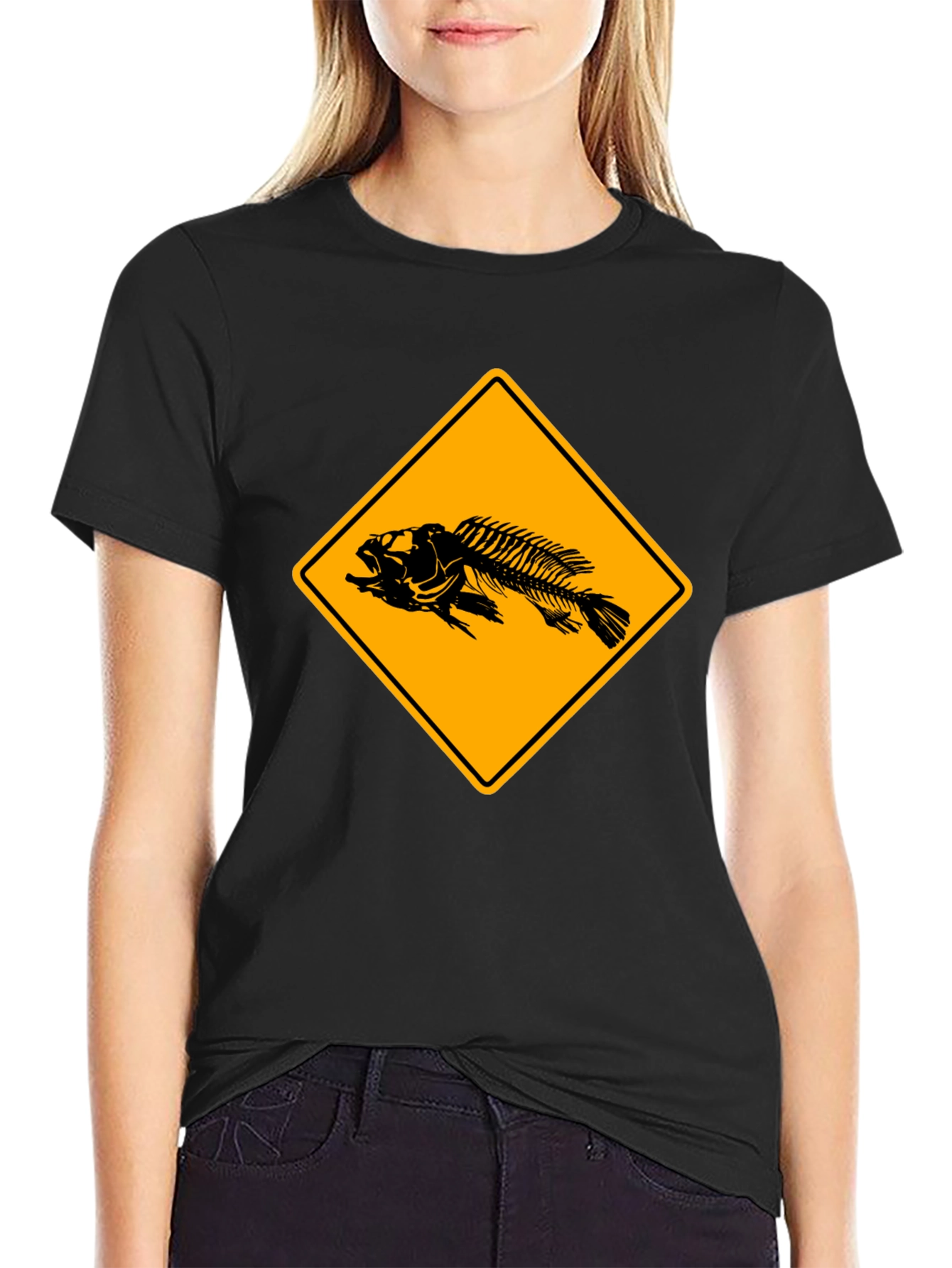 Black Fishbone Warning Sign Graphic Tee - Black Cotton T-Shirt view 2