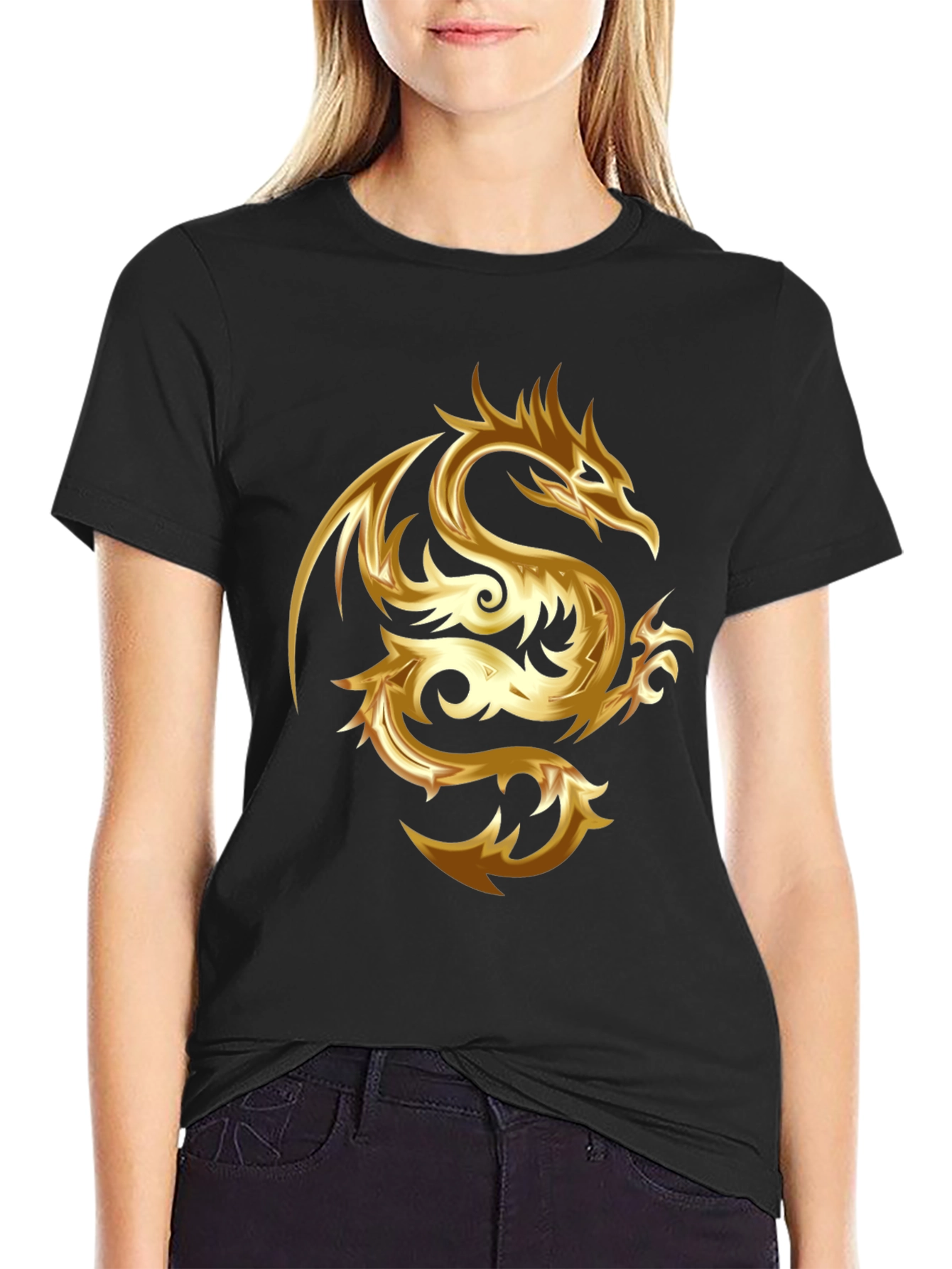 Black Gold Dragon Graphic Tee - Stylish Men's Black T-Shirt view 2
