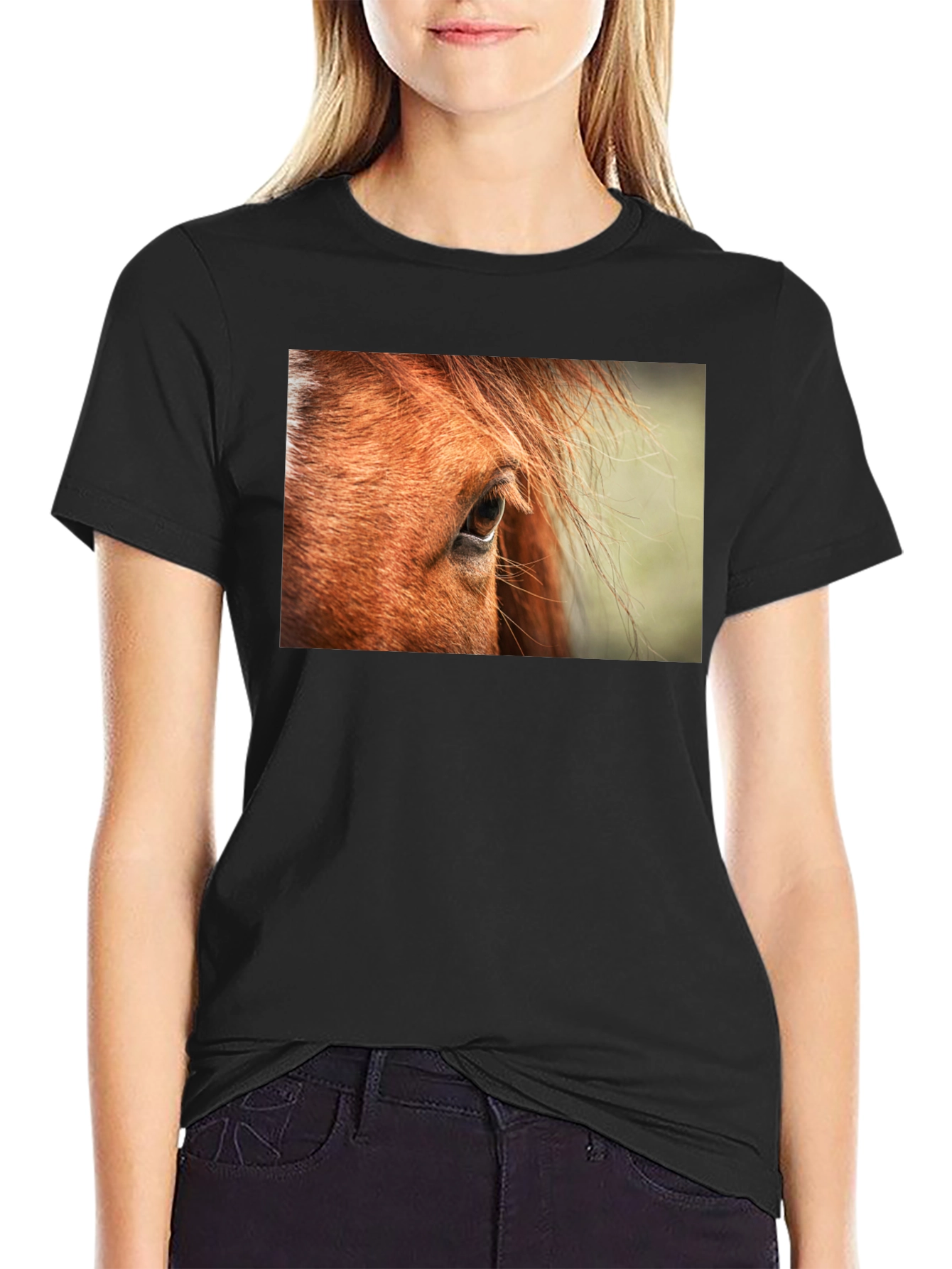 Black Horse Eye Graphic Tee - Unisex Black Cotton Shirt view 2