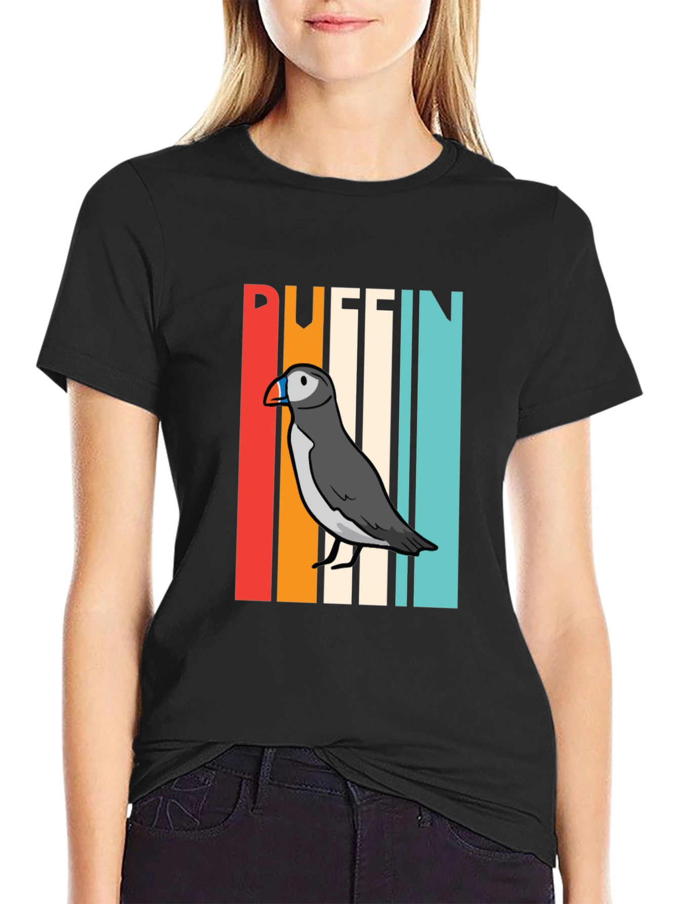 Black Retro Puffin Bird Graphic T-Shirt view 2