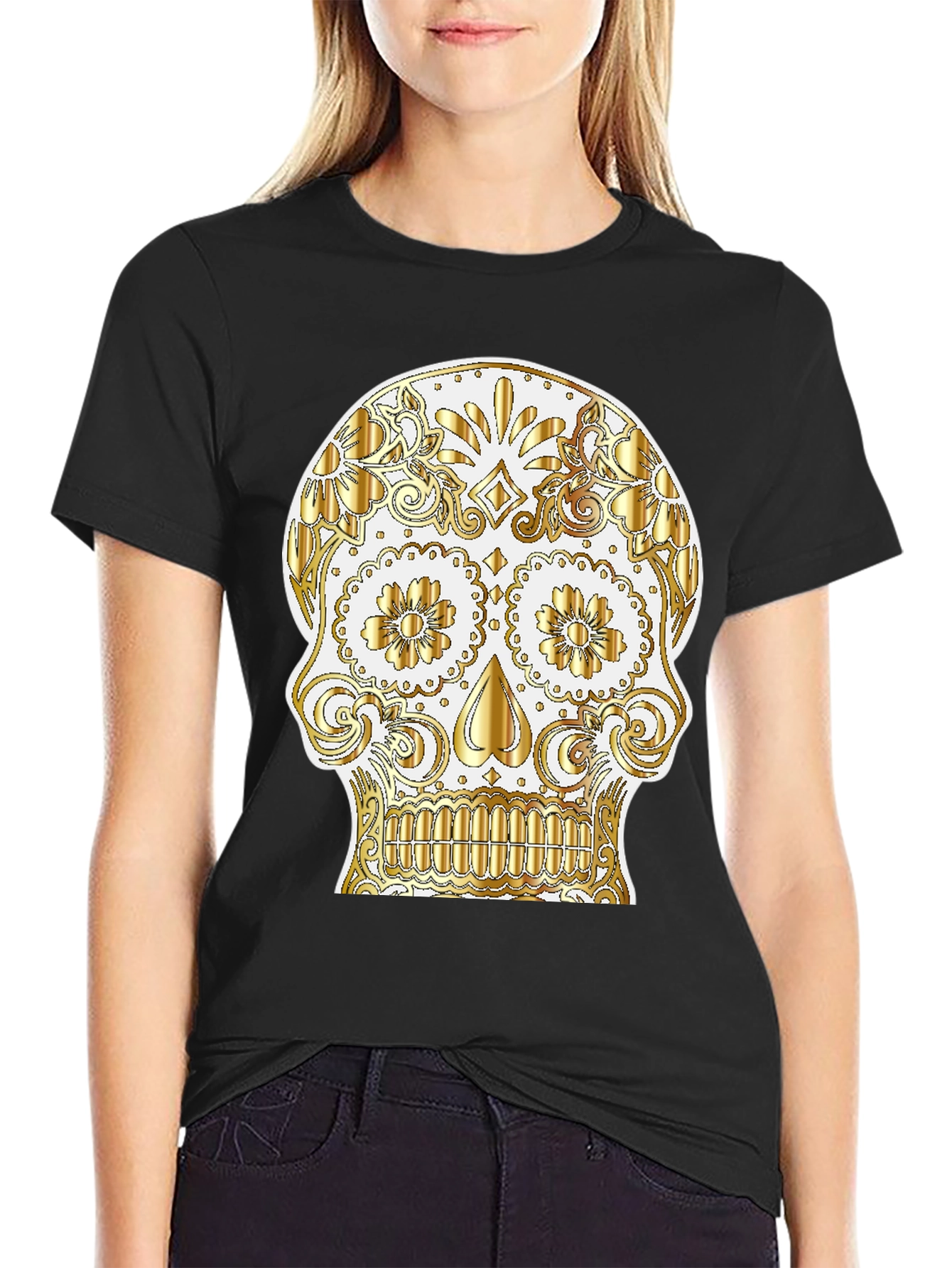 Black Sugar Skull Graphic Tee - Day of the Dead Shirt view 2