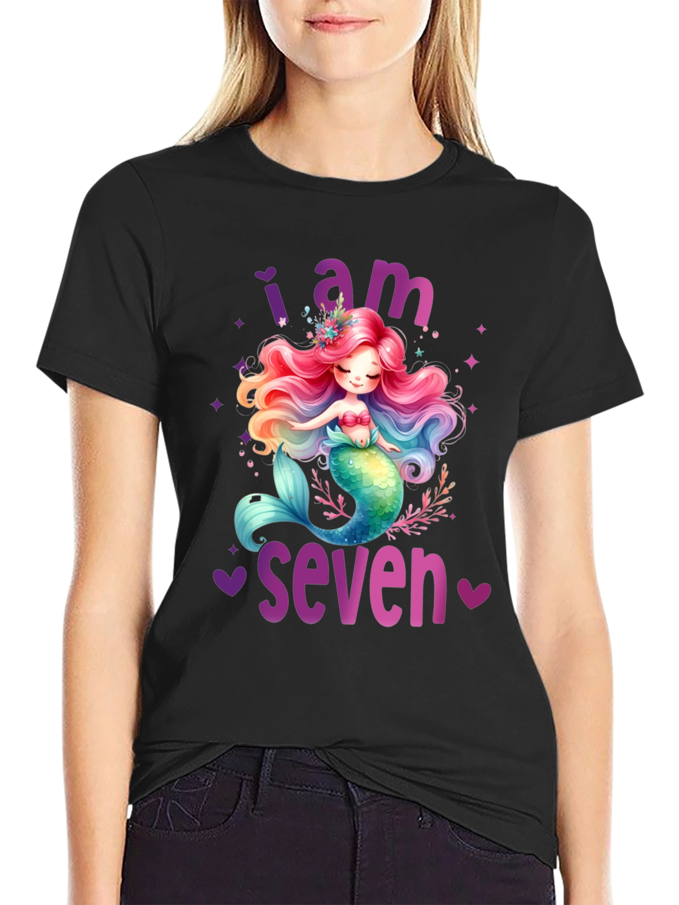 Black Mermaid Birthday T-Shirt - I Am Seven view 2