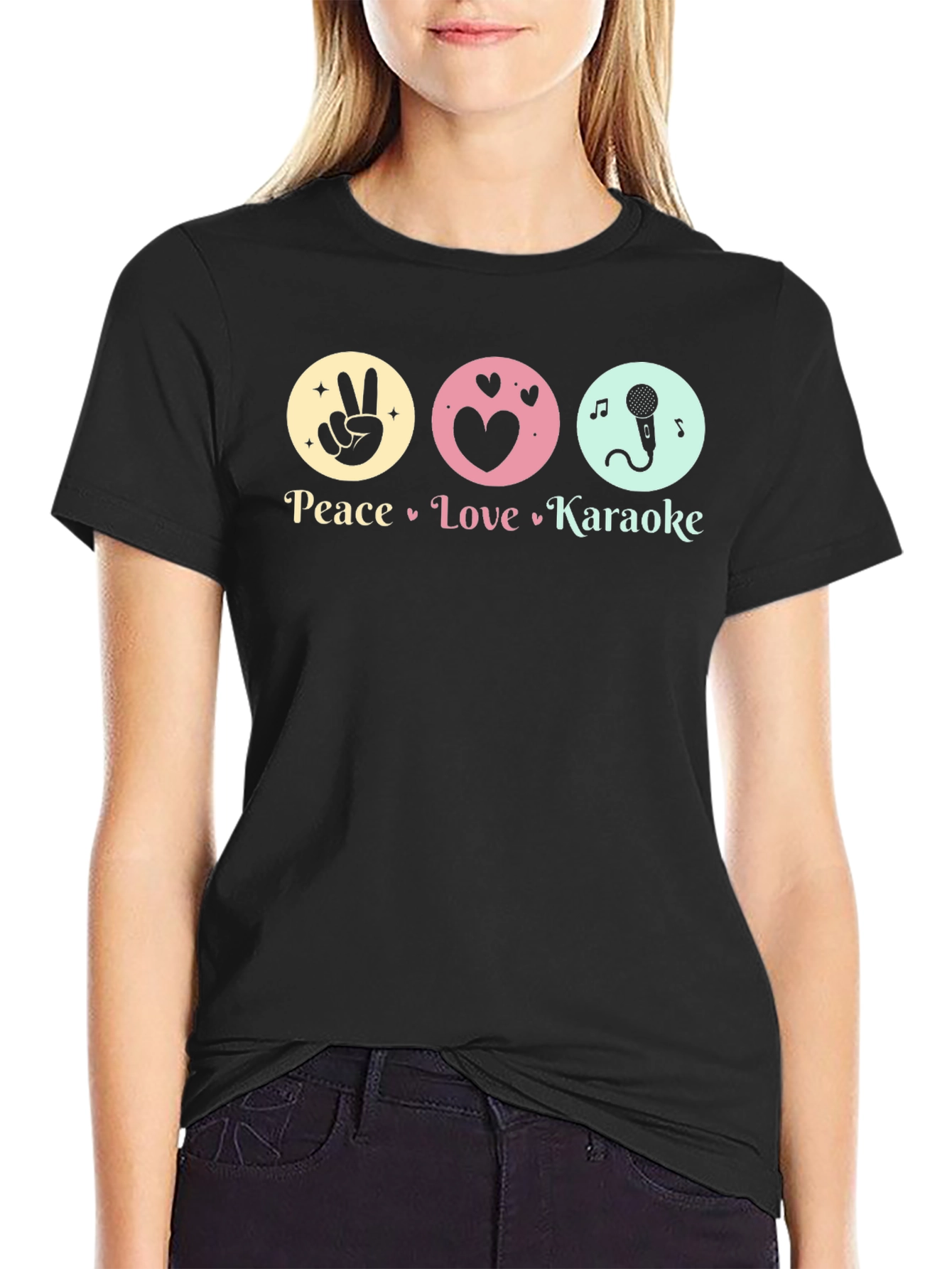Black Peace Love Karaoke T-Shirt - Fun Graphic Tee view 2