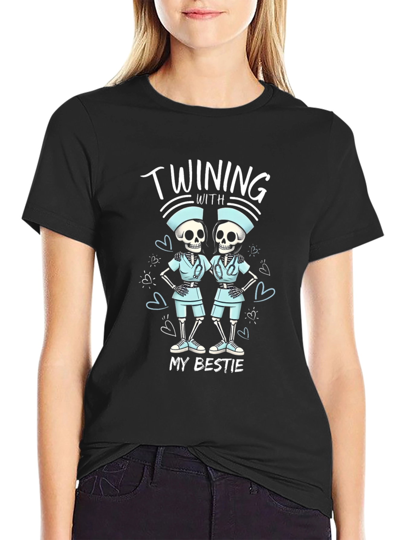 Black Funny Skeleton Nurse T-Shirt - Twinning With My Bestie view 2