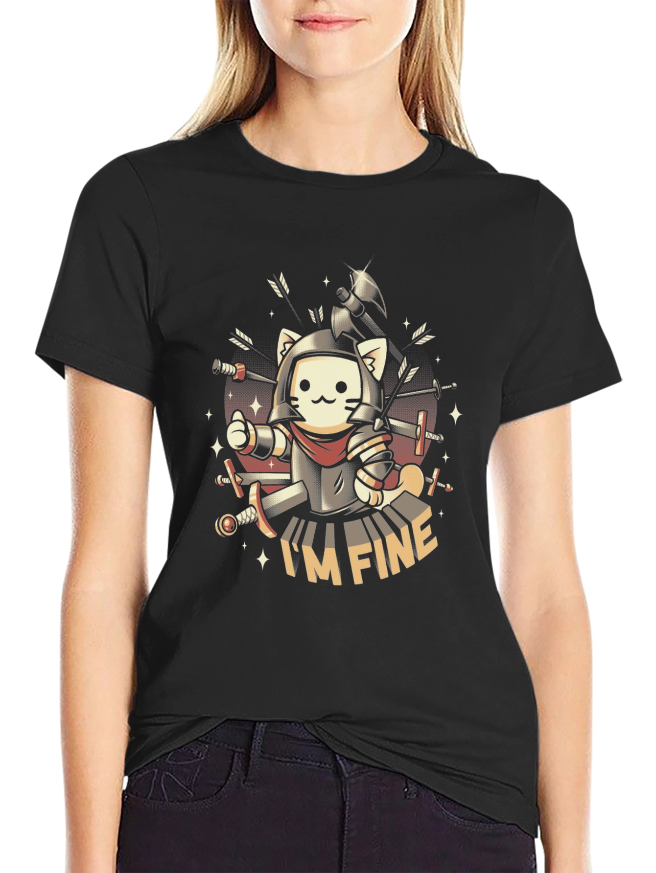 Black I'm Fine Cat Knight T-Shirt view 2