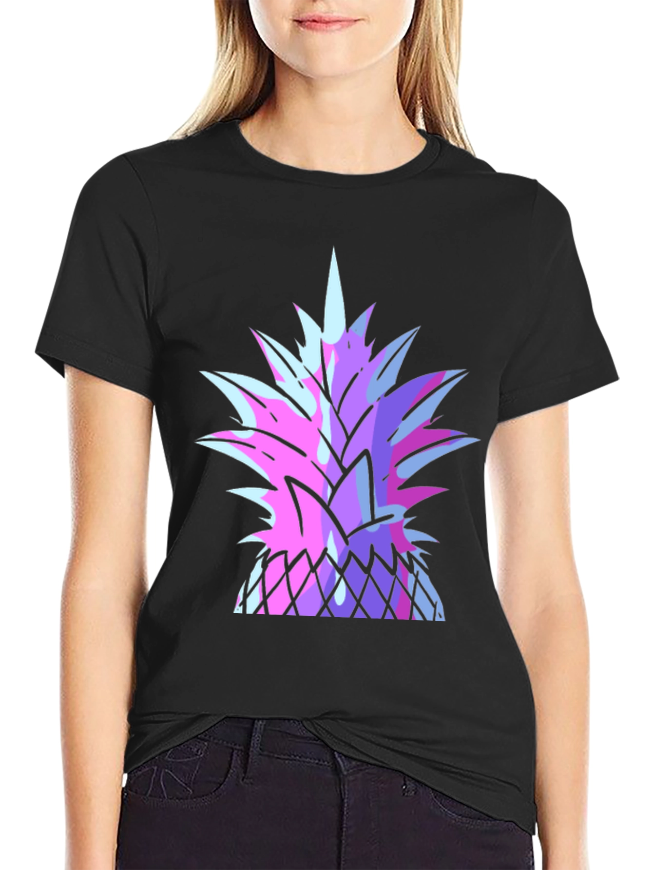 Black Vaporwave Pineapple Graphic Tee - Black Cotton T-Shirt view 2