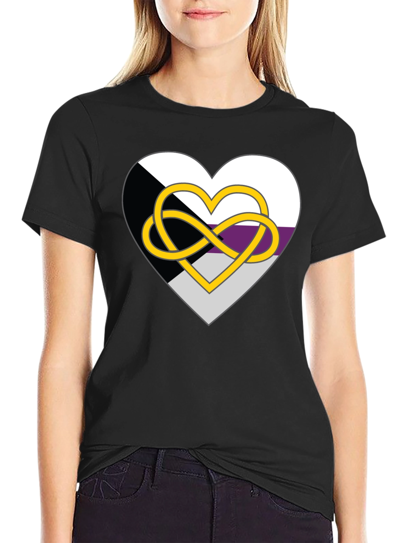 Black Demisexual Pride Heart Infinity Symbol Black T-Shirt view 2